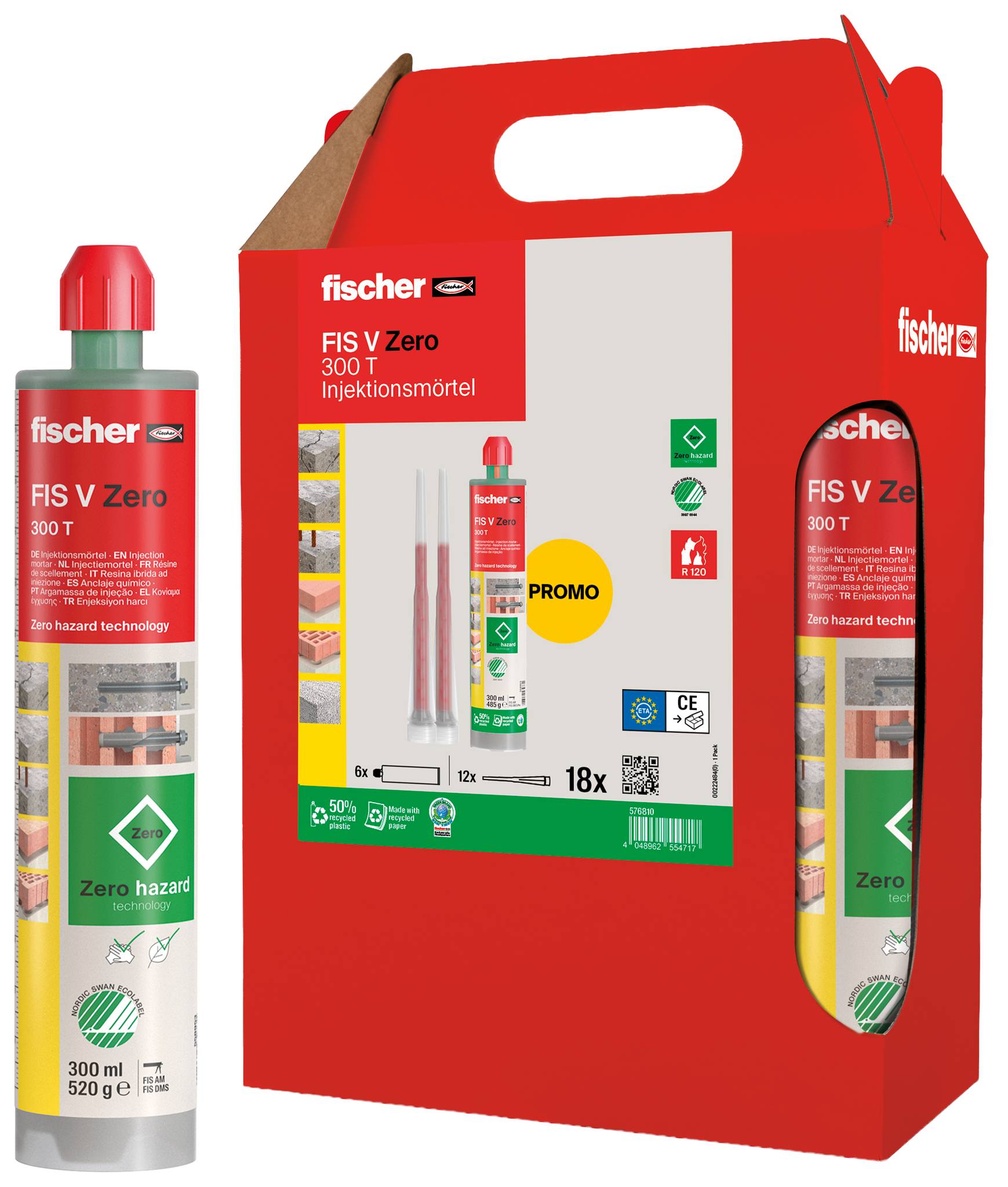 Fischer FIS V Zero 300 T Injektionsmörtel-Kit in roter Schachtel mit einer Patrone und Aktionsetikett.