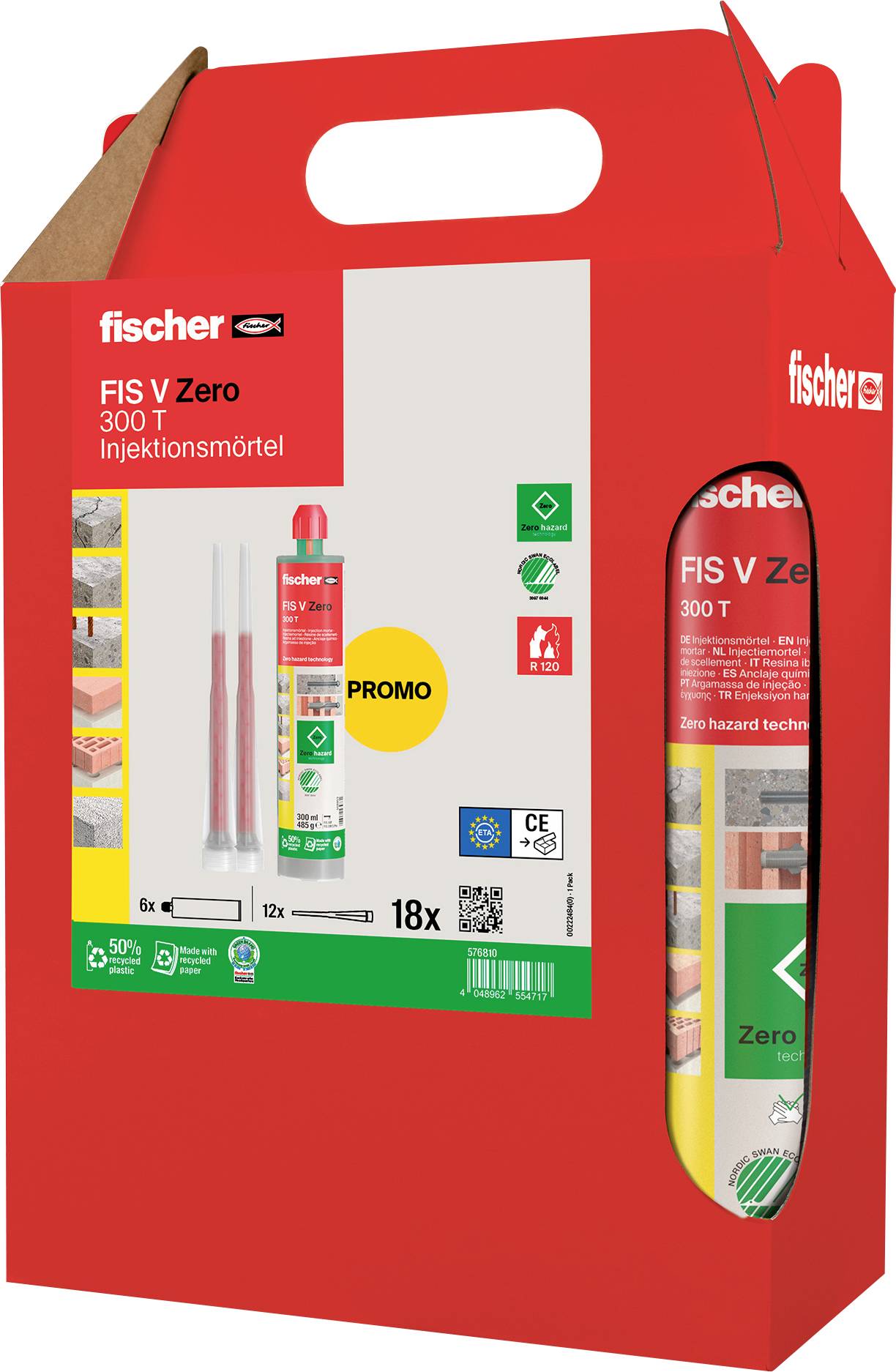 Rote Verpackungsbox für 'FIS V Zero 300 T Injektionsmörtel' von Fischer. Vorderseite zeigt Produktbild und Spezifikationen, gekennzeichnet für Werbeaktionen.