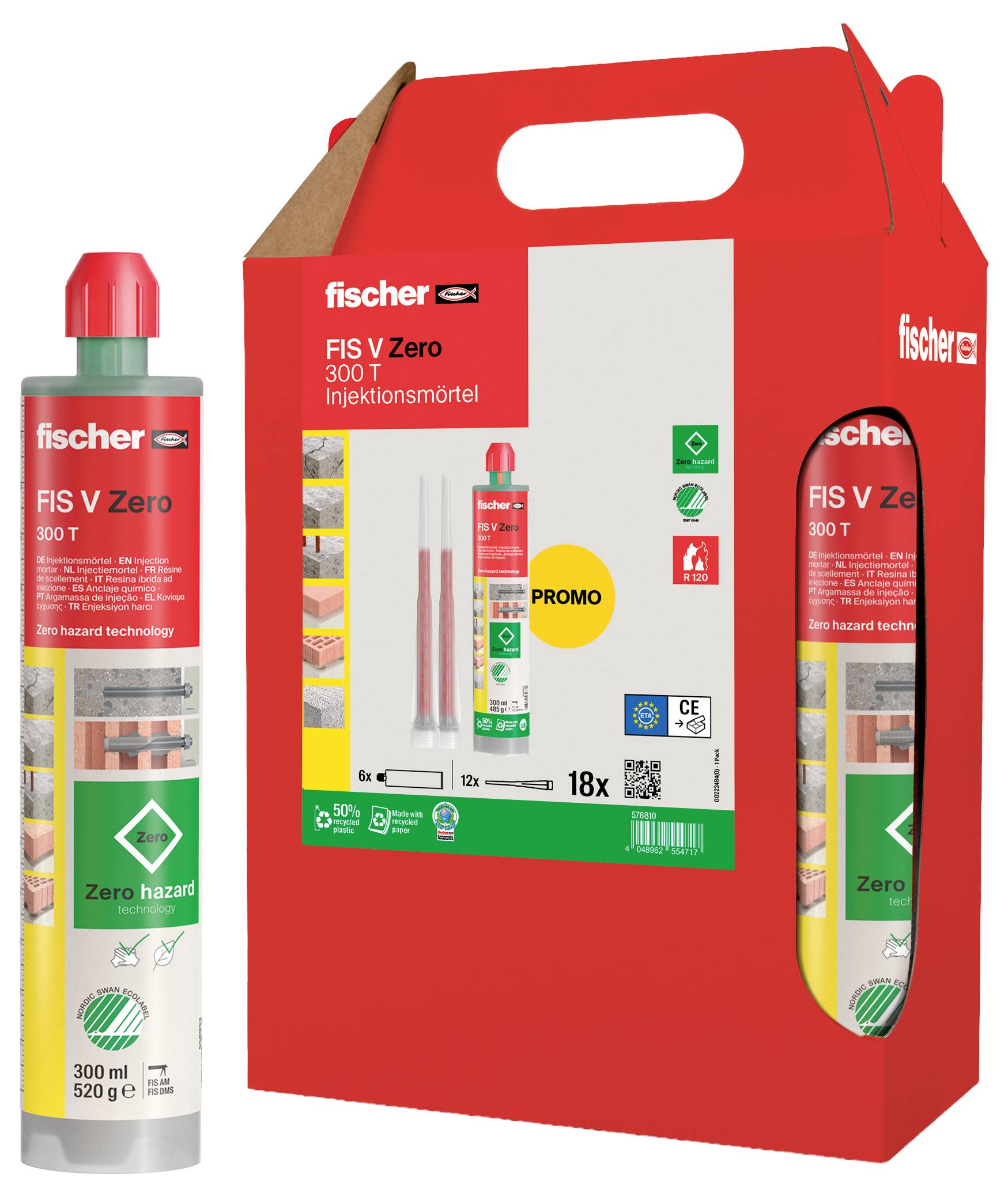 Rote Verpackungsbox und Tube für 'fischer FIS V Zero 300 T' Injektionsmörtel, präsentiert umweltfreundliche 'Zero Hazard'-Technologie, 300 ml.