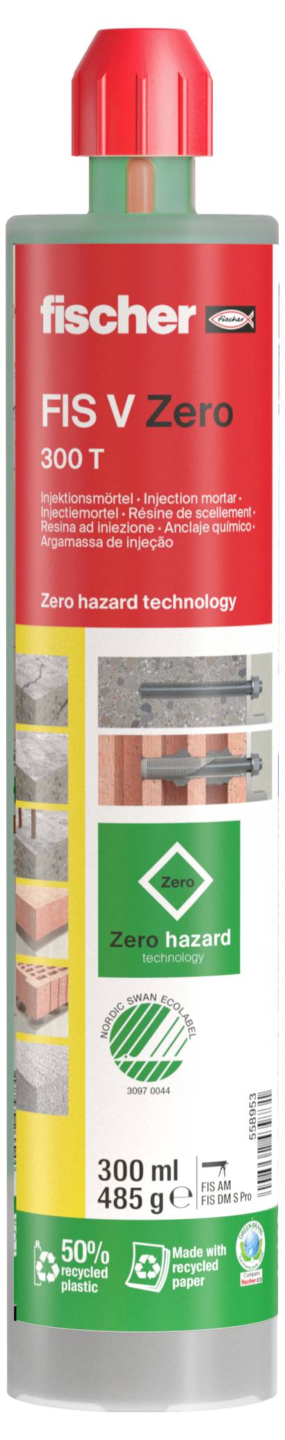 Eine rote, graue und grüne zylindrische Klebstoffkartusche mit roter Kappe, gekennzeichnet als 'FIS V Zero 300 T' von Fischer. Betont die 'Null-Gefahren-Technologie'.