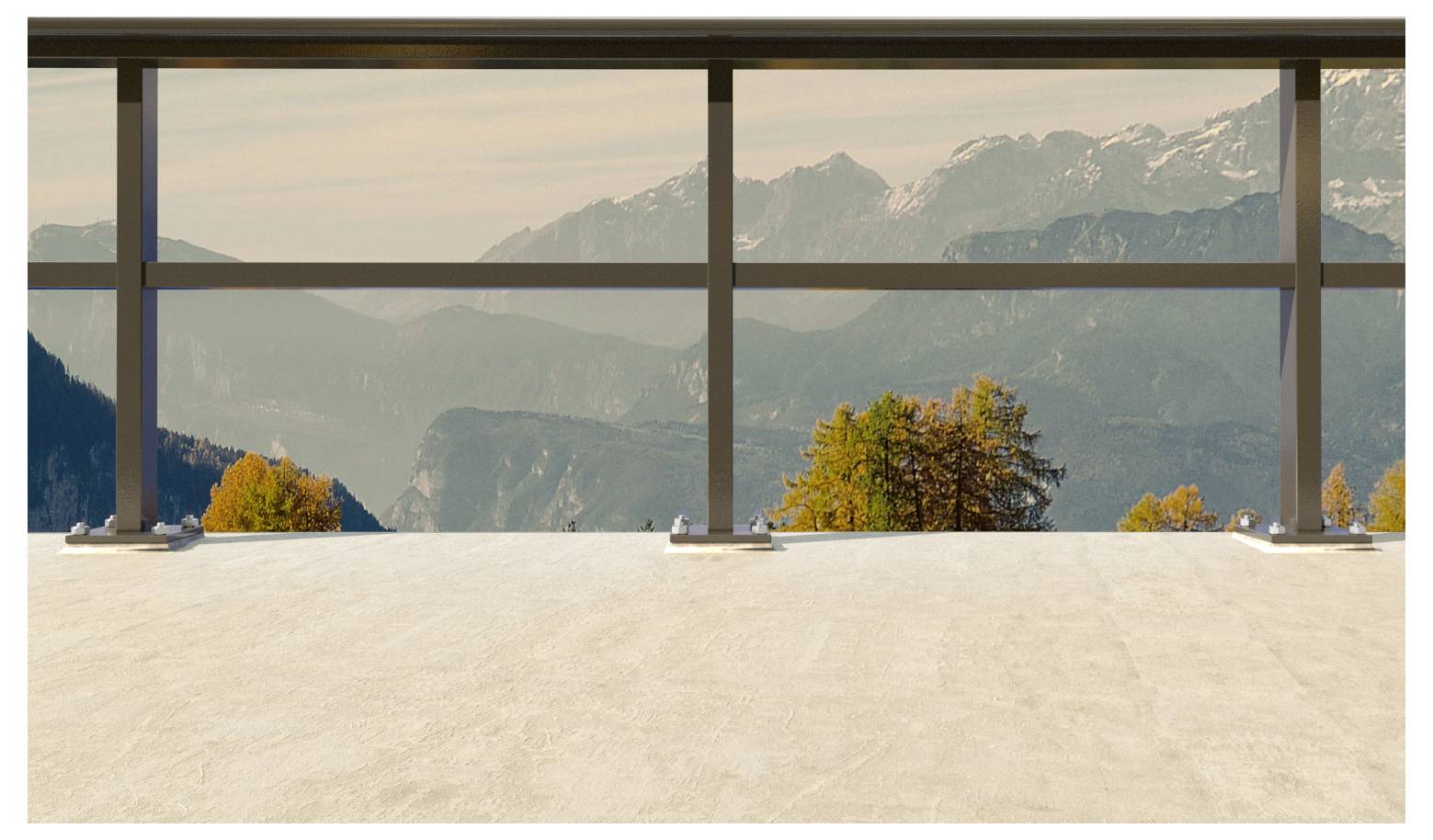 Eine malerische Aussicht auf Berge in der Ferne, teilweise sichtbar durch Glas mit einer flachen Terrasse oder einem Balkon im Vordergrund.