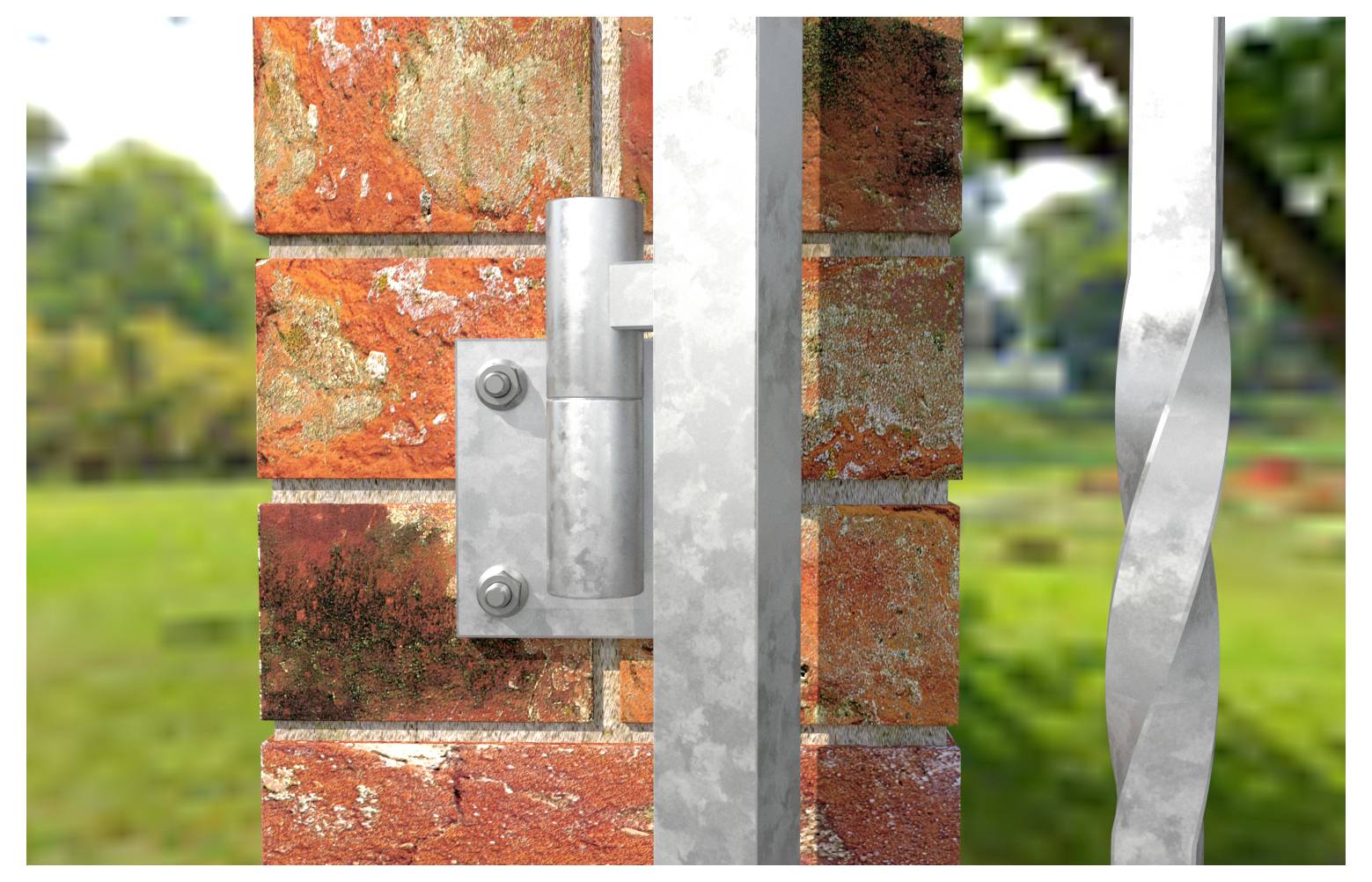 Ein Metallscharnier ist an einer roten Backsteinmauer angebracht und trägt ein Metalltor, mit einem unscharfen Grasfeldfeld im Hintergrund.