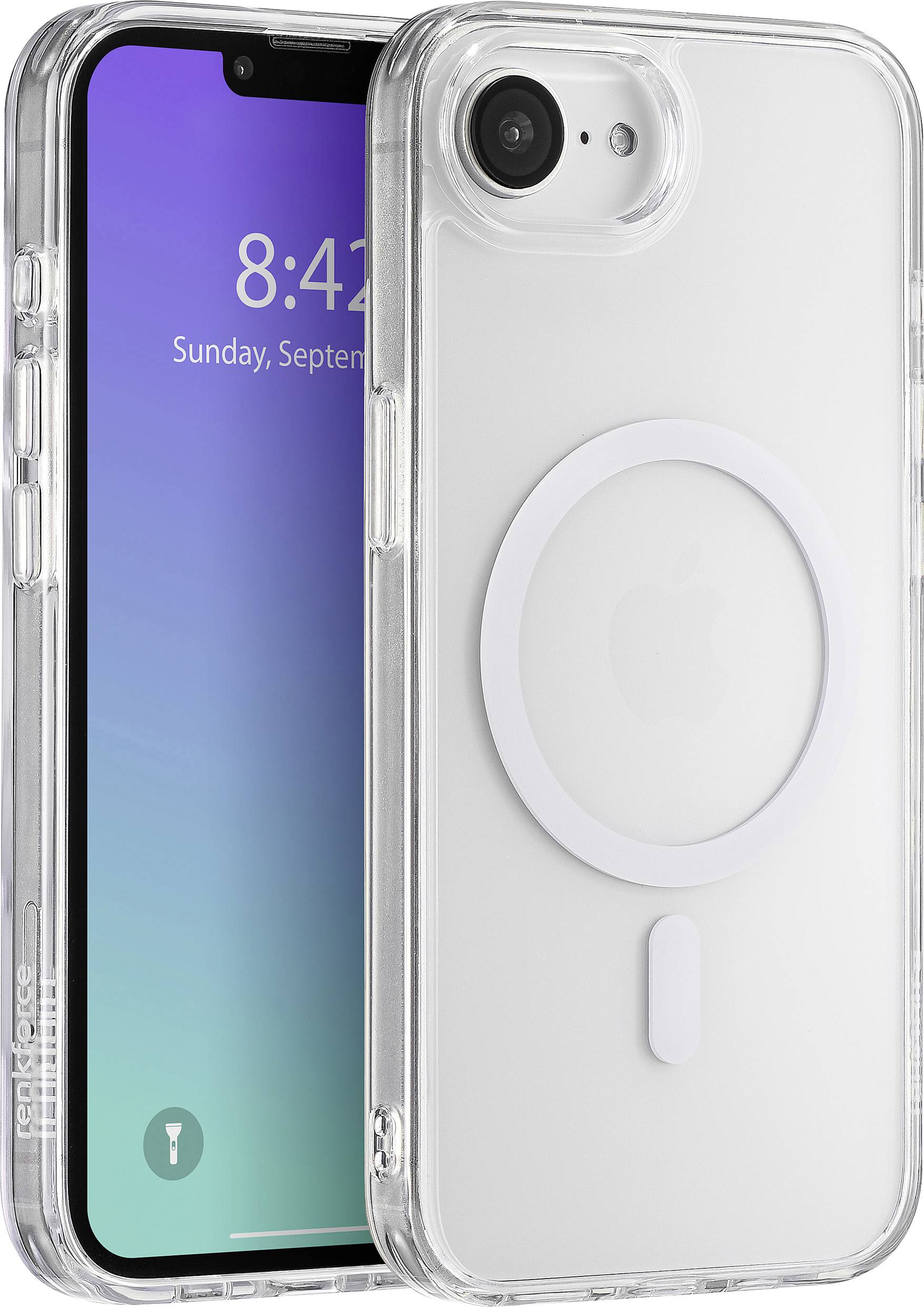 Ein transparentes Handyhülle mit MagSafe, das ein Smartphone mit der Uhrzeit 8:42 und Datum 'Sonntag, 15. September' abdeckt.
