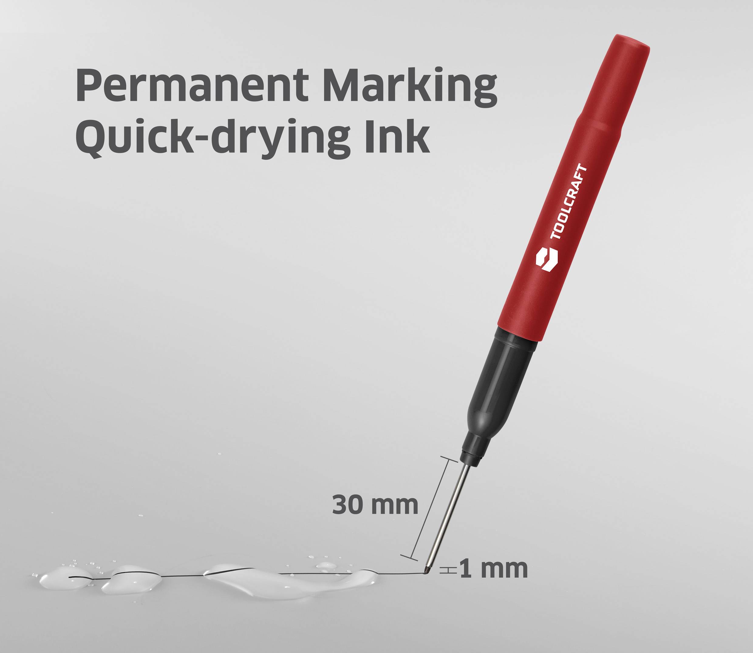 Ein roter Stift mit der Aufschrift 'TOOLCRAFT'. Beschriftung zeigt 'Permanent Marking Quick-drying Ink'. Spitze: 1 mm, Länge: 30 mm.