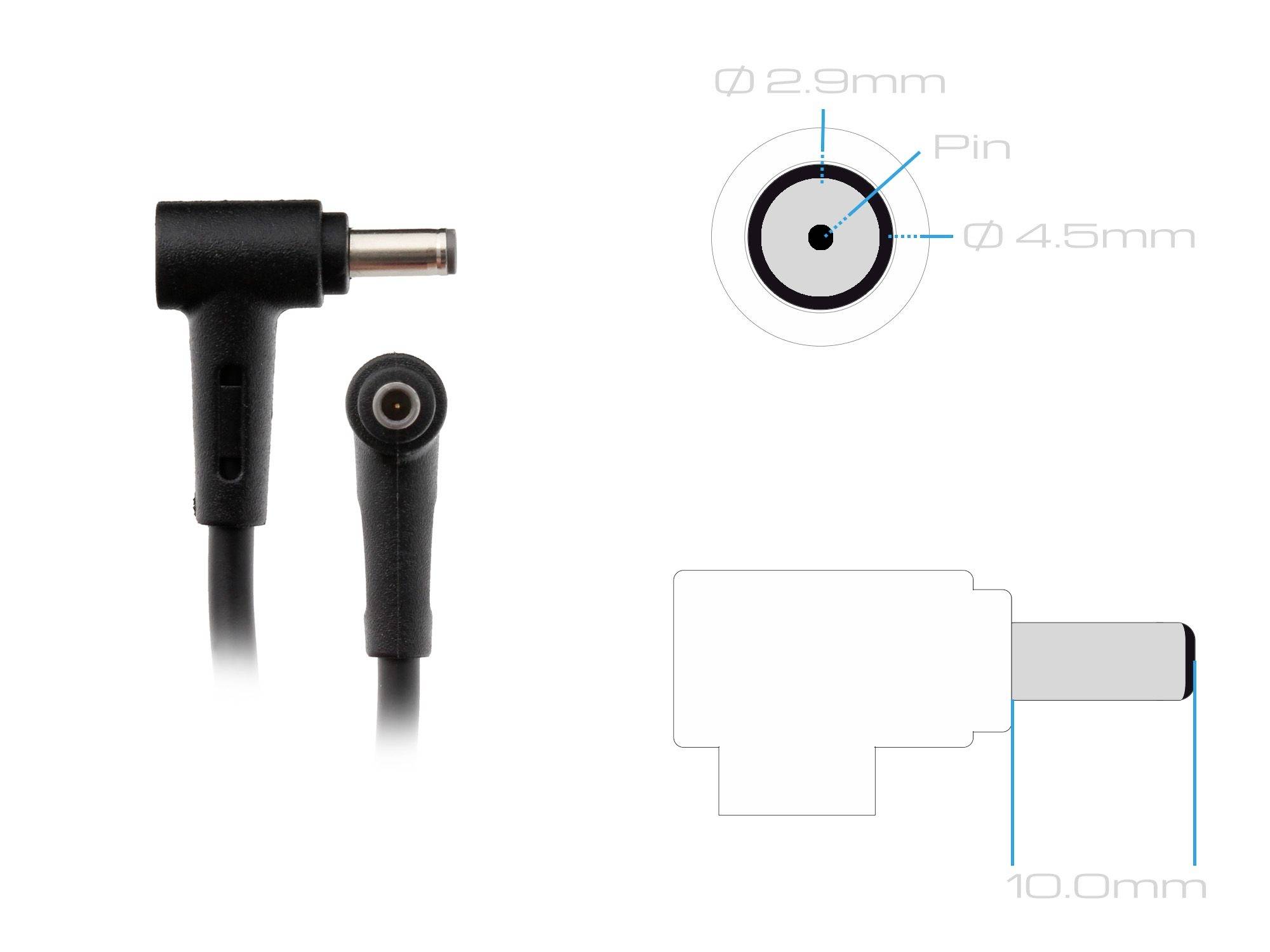 Netzteilstecker mit L-förmigem Design, Maße: Pin-Durchmesser 2,9 mm, Außen-Durchmesser 4,5 mm, Länge 10 mm.
