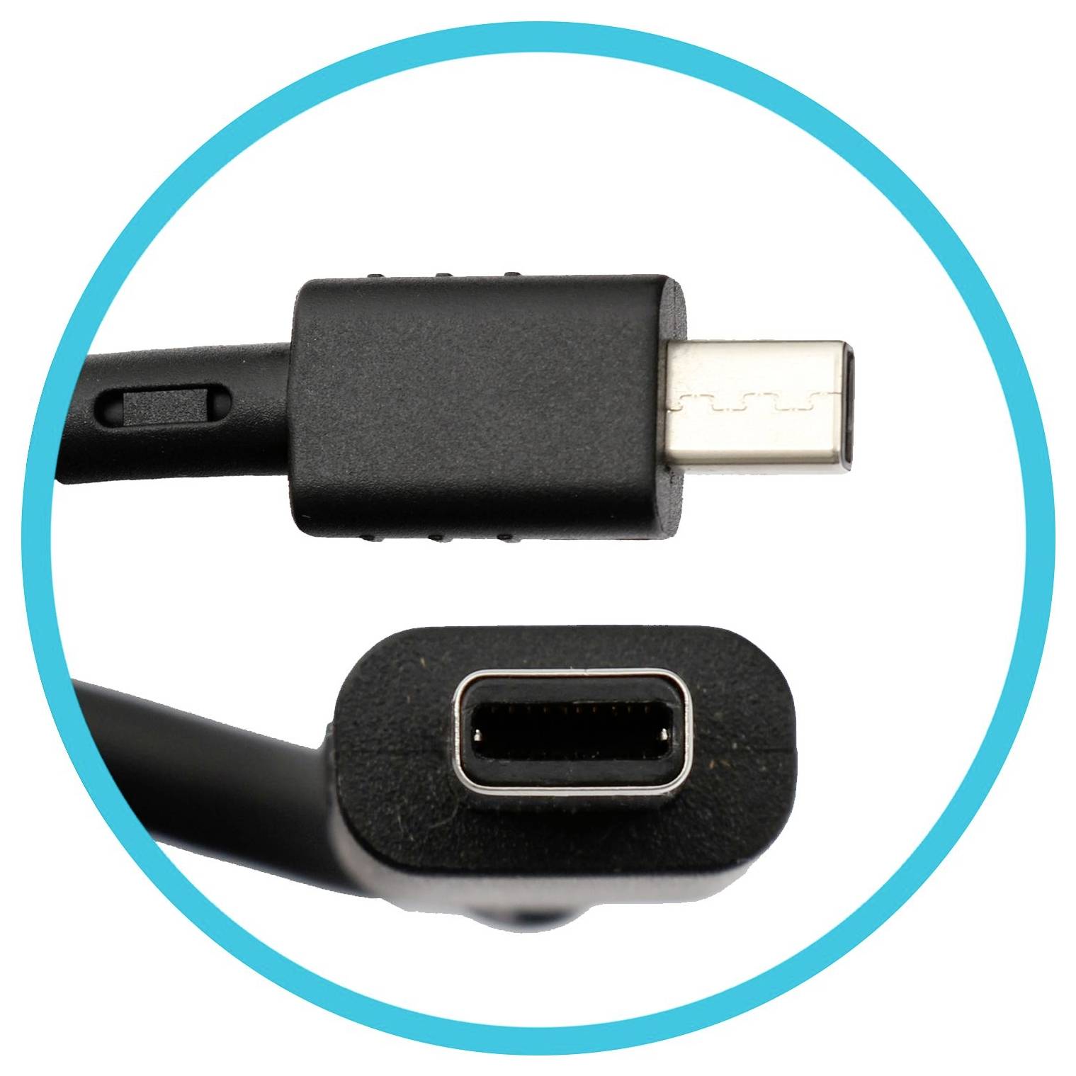 Nahaufnahme eines schwarzen USB-C-Steckers und -Anschlusses, umgeben von einem blauen Kreis.