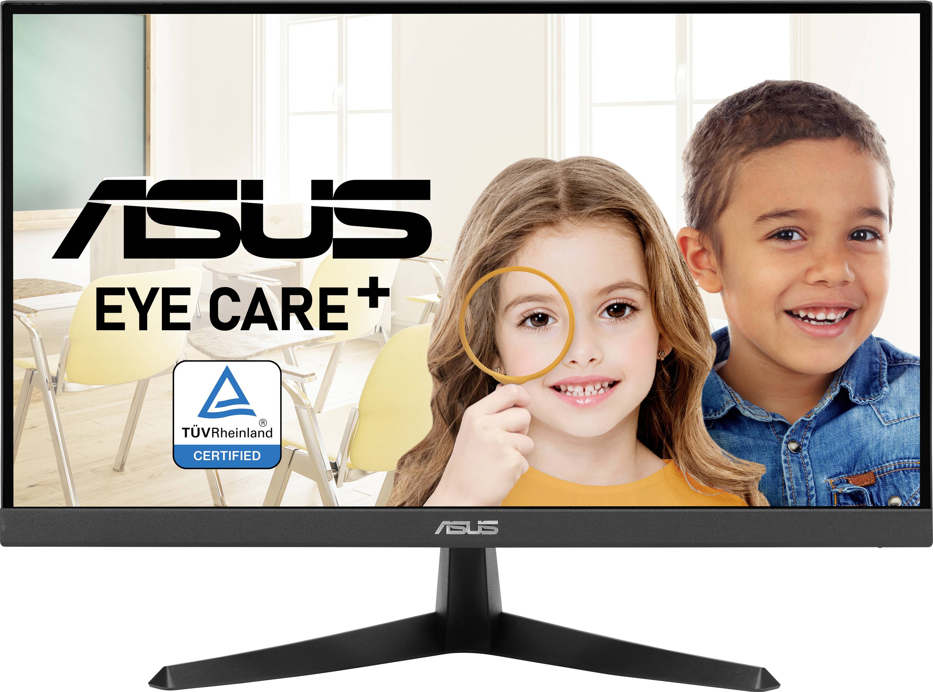Ein Monitor zeigt zwei lächelnde Kinder, ein Mädchen hält eine Lupe. Text: 'ASUS EYE CARE+'. TÜV-Rheinland-Siegel sichtbar.