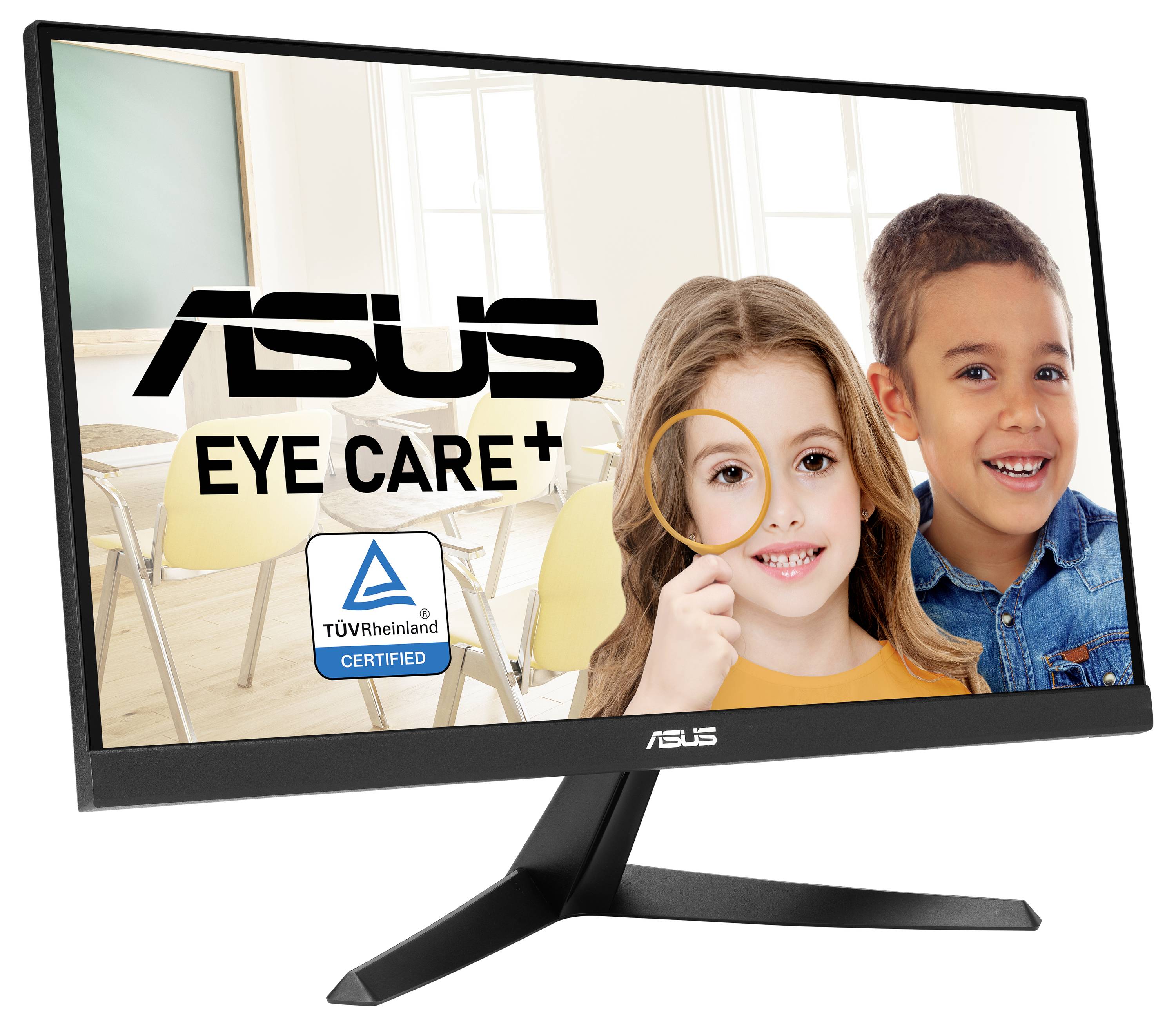 Asus Monitor mit 'Eye Care+' Funktion und TÜV-Zertifizierung. Zwei Kinder sitzen im Hintergrund in einem Klassenzimmer.