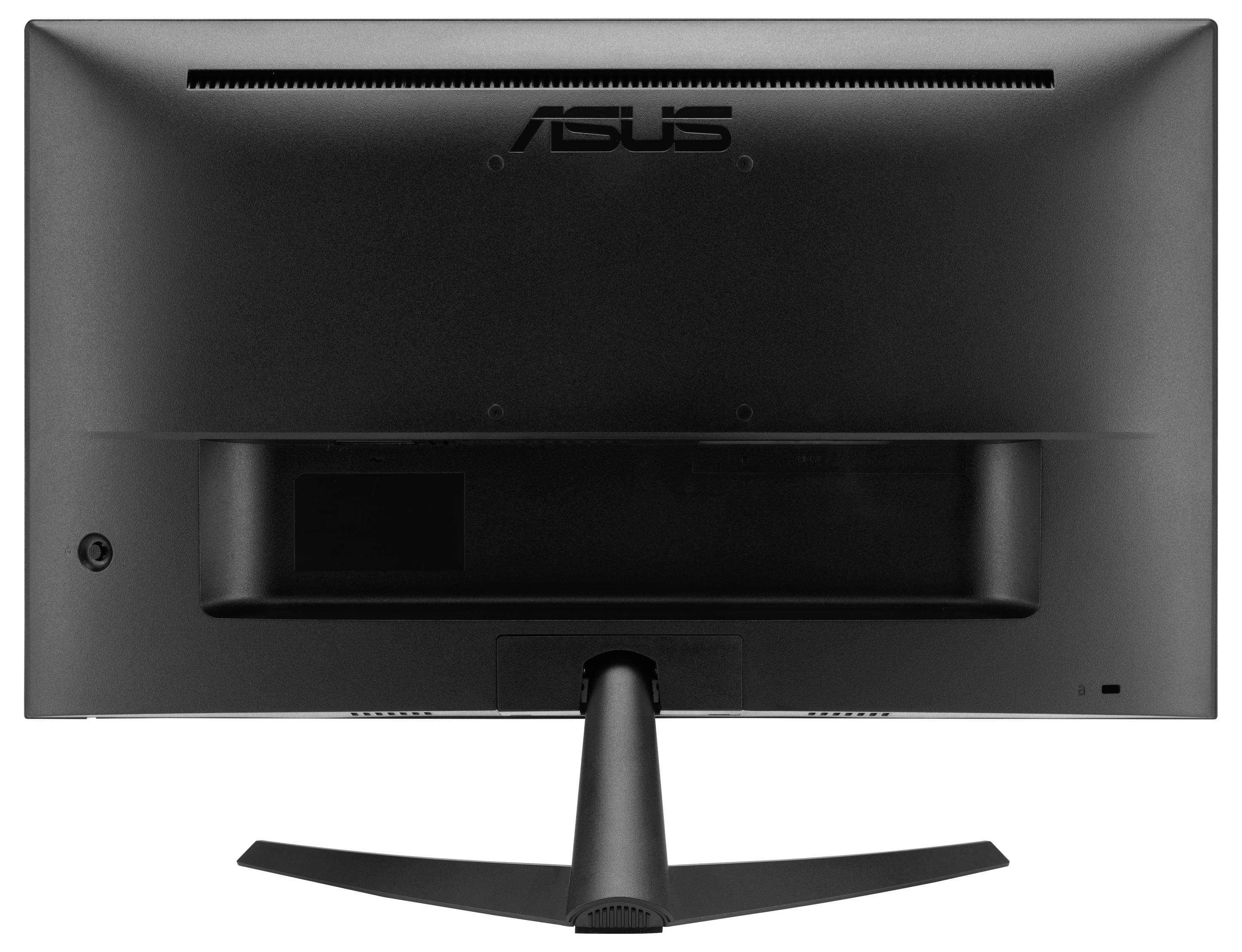 Rückansicht eines schwarzen Computerbildschirms mit Standfuß, Marke ASUS.