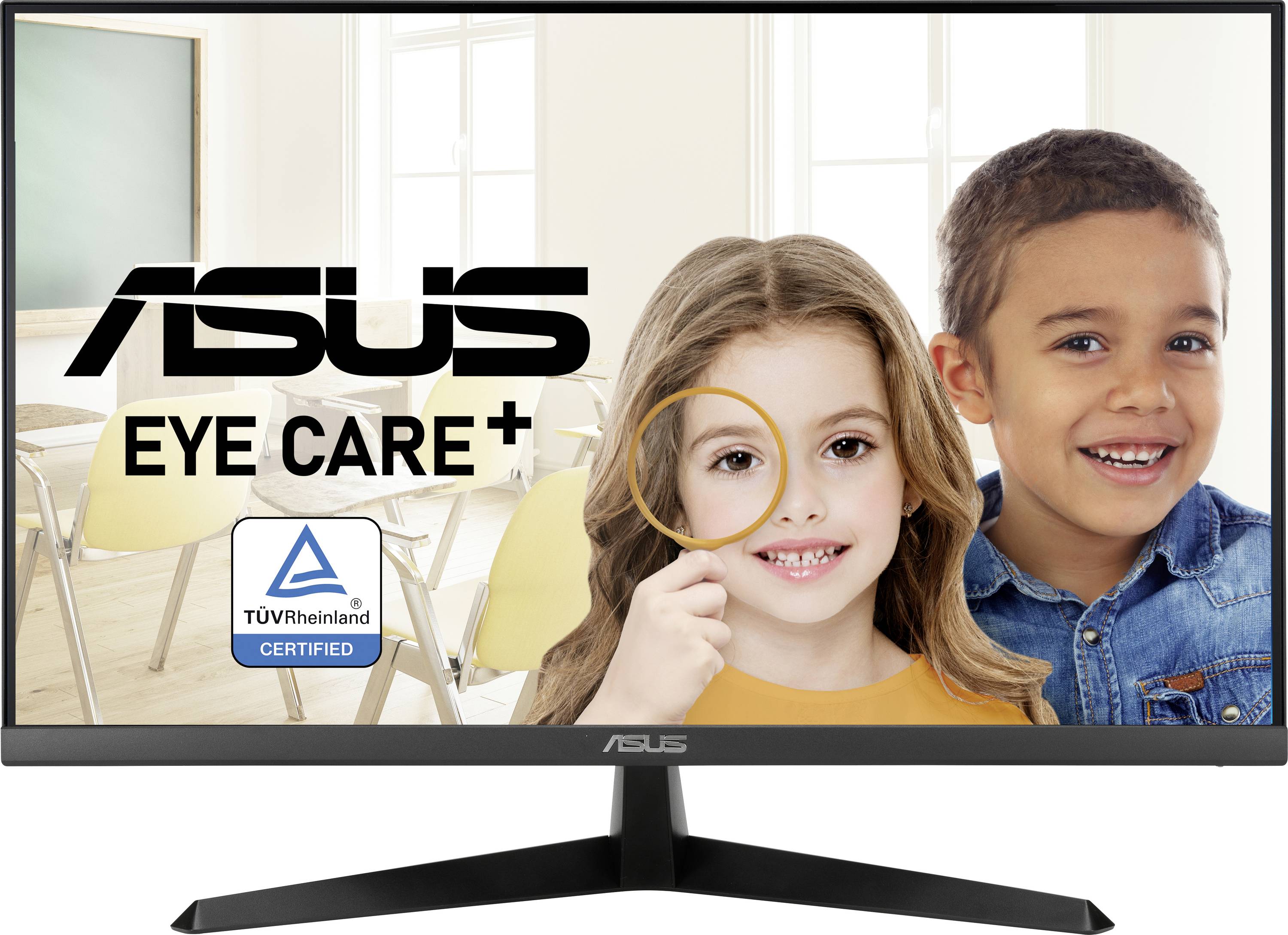 Ein Computerbildschirm mit der Aufschrift 'ASUS EYE CARE +'. Im Hintergrund sind zwei lächelnde Kinder in einem Klassenzimmer zu sehen.