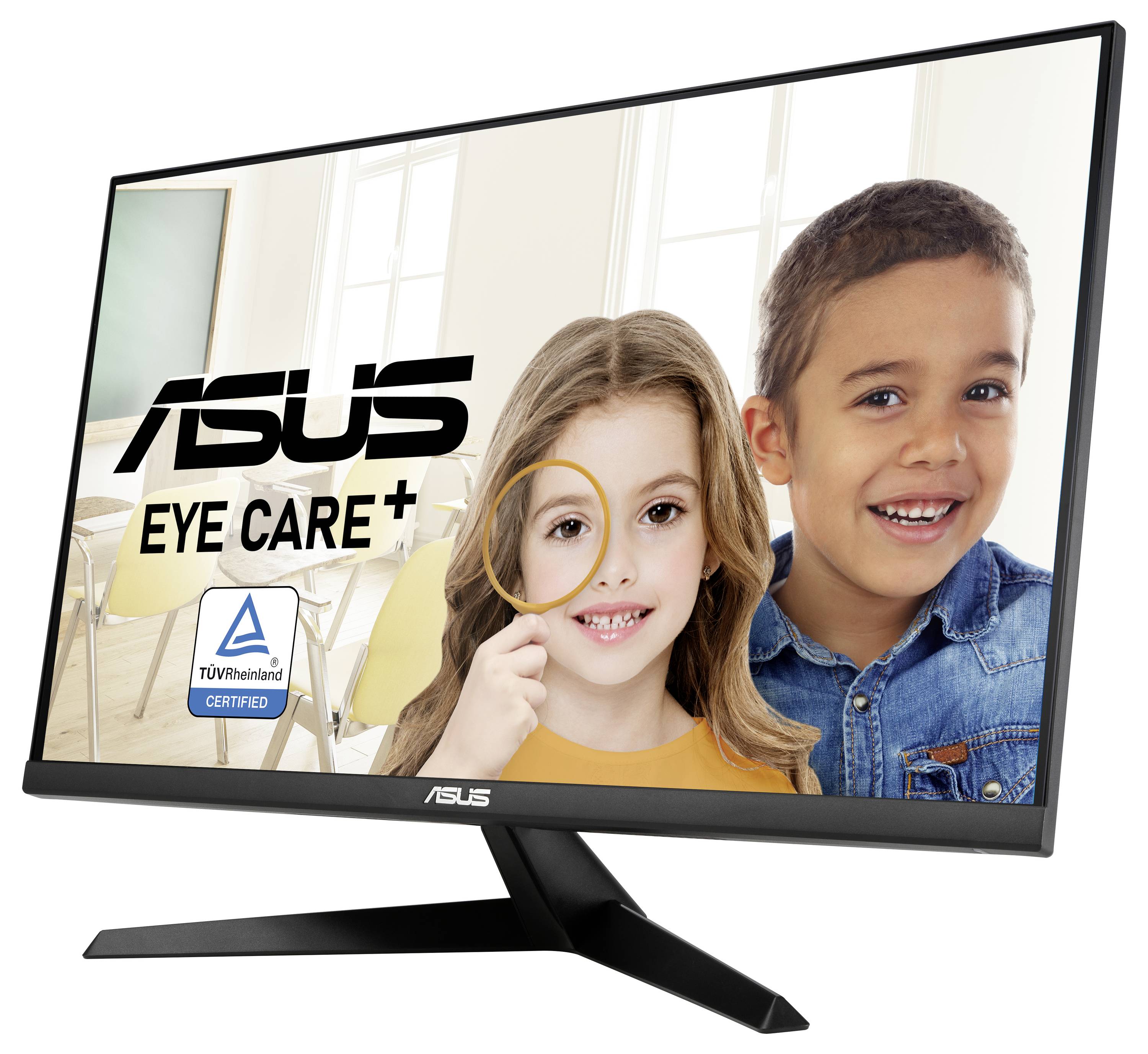 Ein ASUS-Monitor mit der Aufschrift 'Eye Care+' zeigt zwei lächelnde Kinder im Klassenzimmer. TUV Rheinland-zertifiziertes Modell.