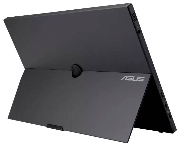 Ein schwarzes ASUS-Tablet mit aufgeklapptem Ständer, auf einem Tisch platziert, zeigt die Rückseite mit dem ASUS-Logo.