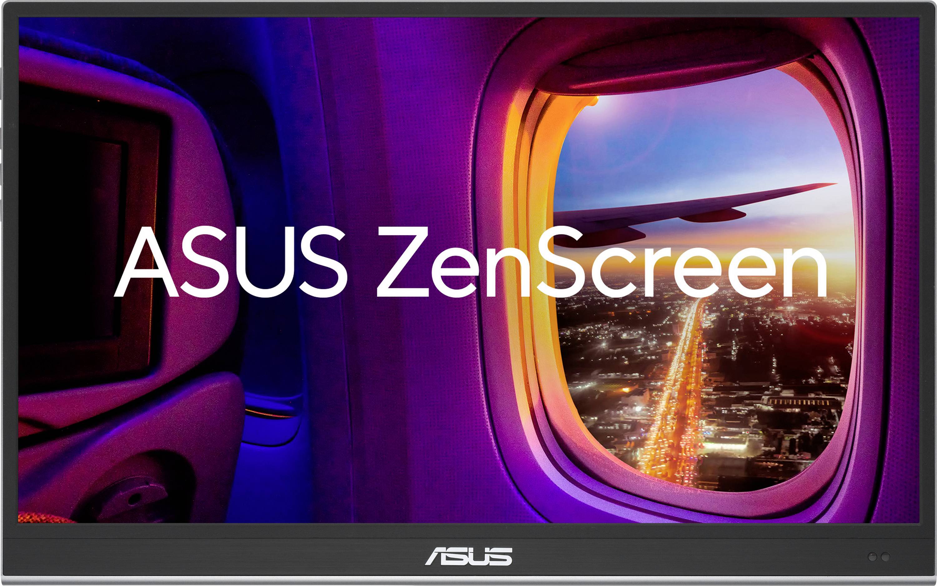 'ASUS ZenScreen' Monitor zeigt ein Flugzeugfenster mit Blick auf eine nächtliche Stadtlandschaft.