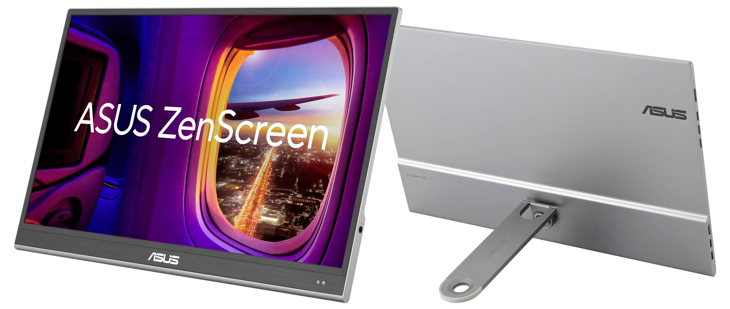 'ASUS ZenScreen' Monitor mit Blick auf Flugzeugfenster. Vorder- und Rückansicht des Bildschirms, schlankes Design, integrierter Ständer.