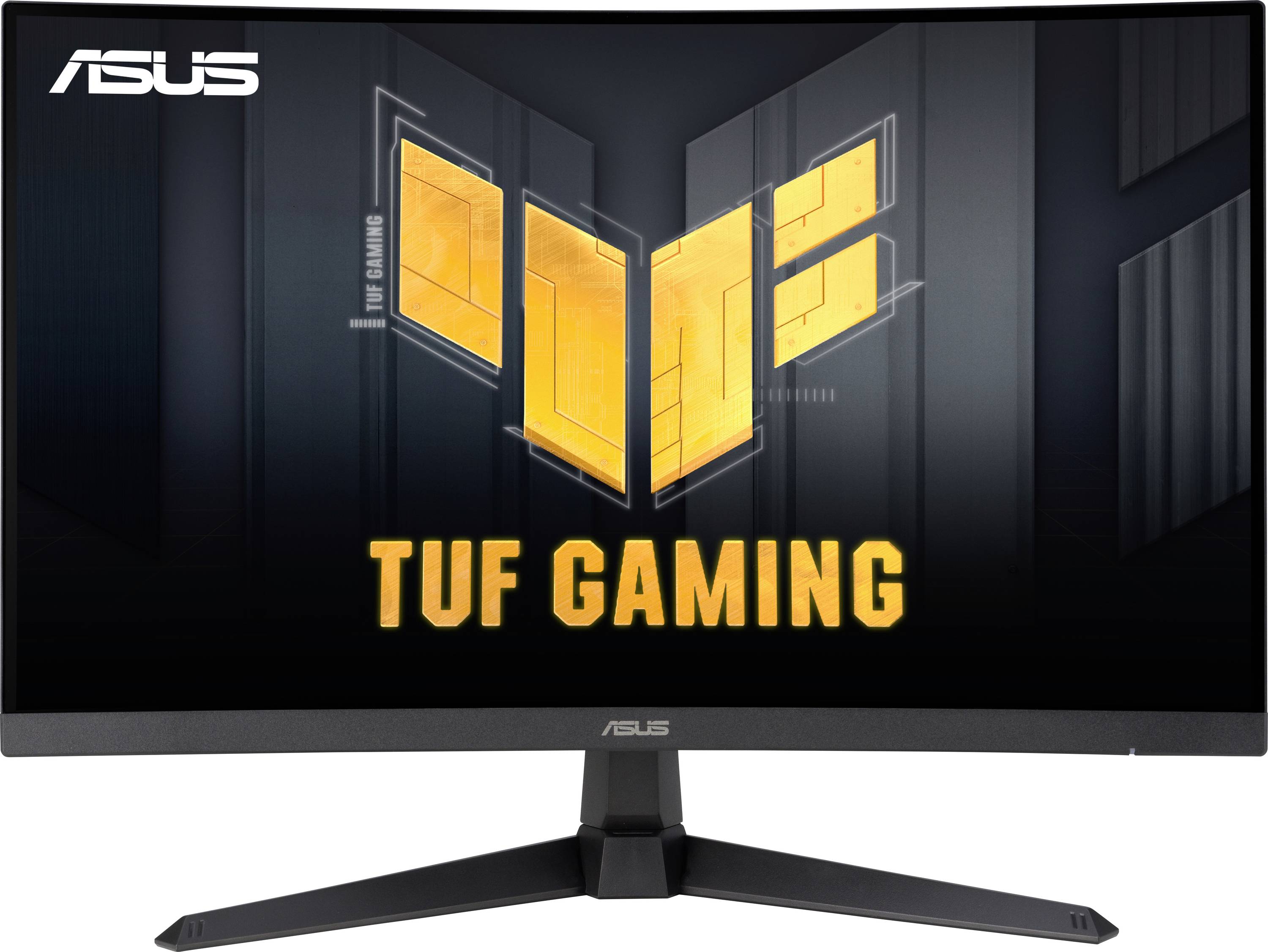 Ein ASUS TUF Gaming Monitor mit großem Display und modernem Design. Das TUF Gaming Logo ist prominent sichtbar auf dem Bildschirm.