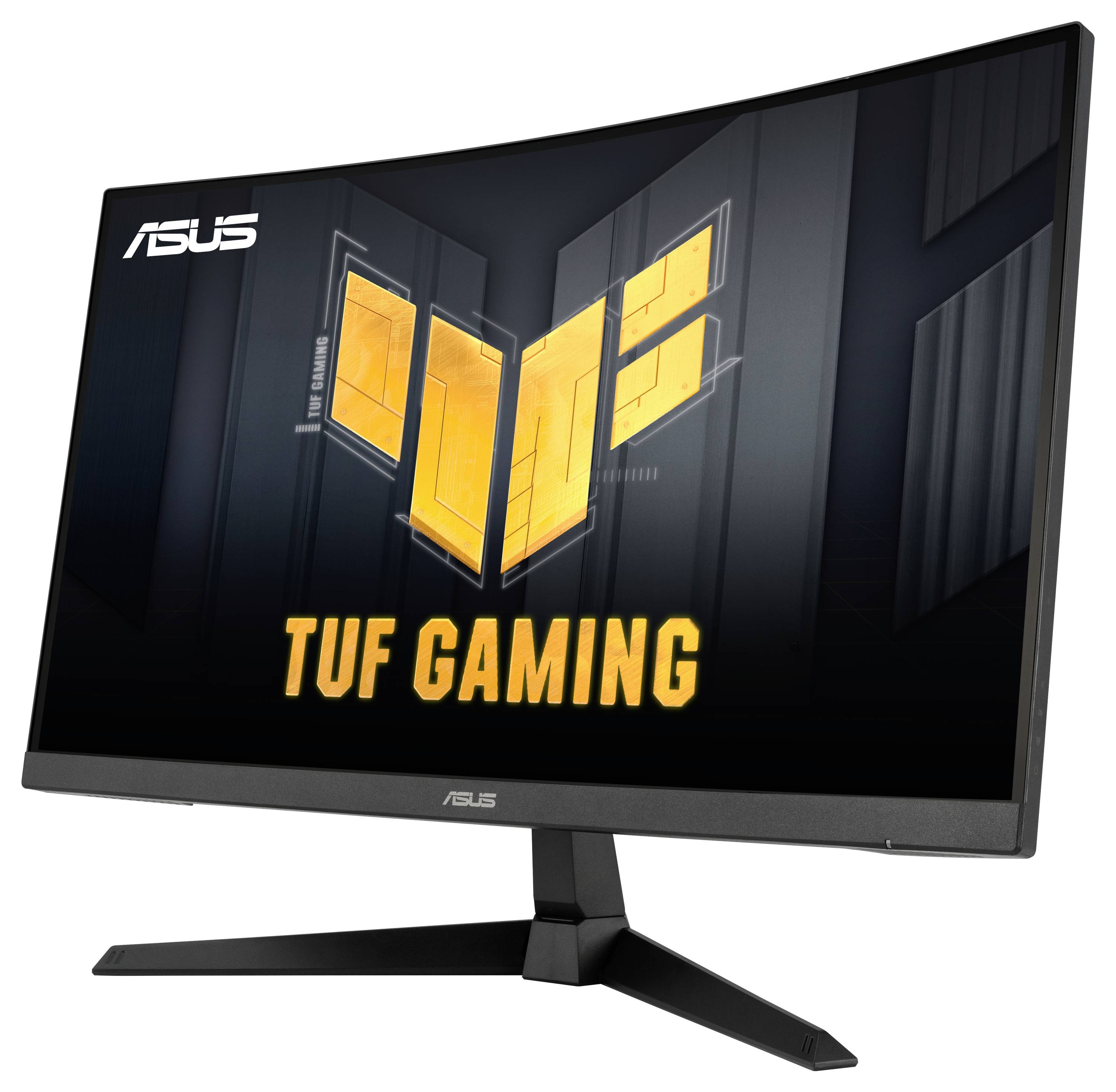 Ein ASUS TUF Gaming Monitor mit gebogenem Bildschirm und markantem Logo in der Mitte, geeignet für intensives Gaming.