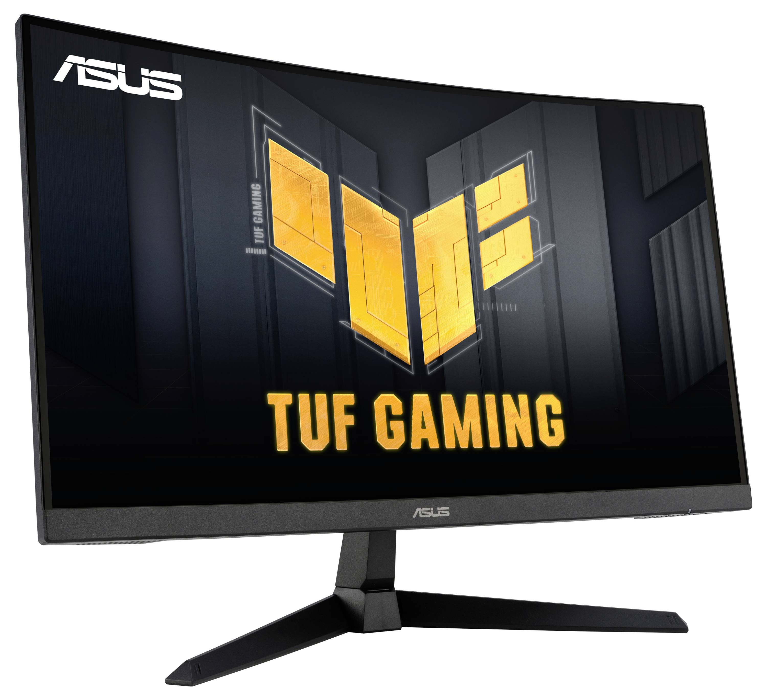 'ASUS TUF Gaming-Monitor' mit gebogenem Bildschirm und prominentem TUF Gaming-Logo in der Mitte. Design wirkt robust und futuristisch.