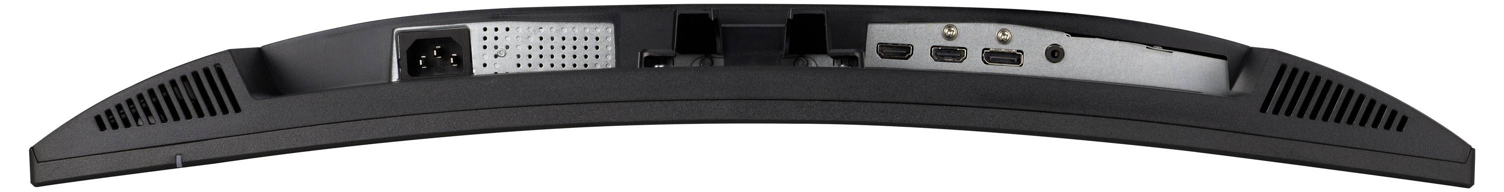 Rückseite eines Computermonitors mit Strom- und Anschlussstellen, einschließlich HDMI- und USB-Ports.