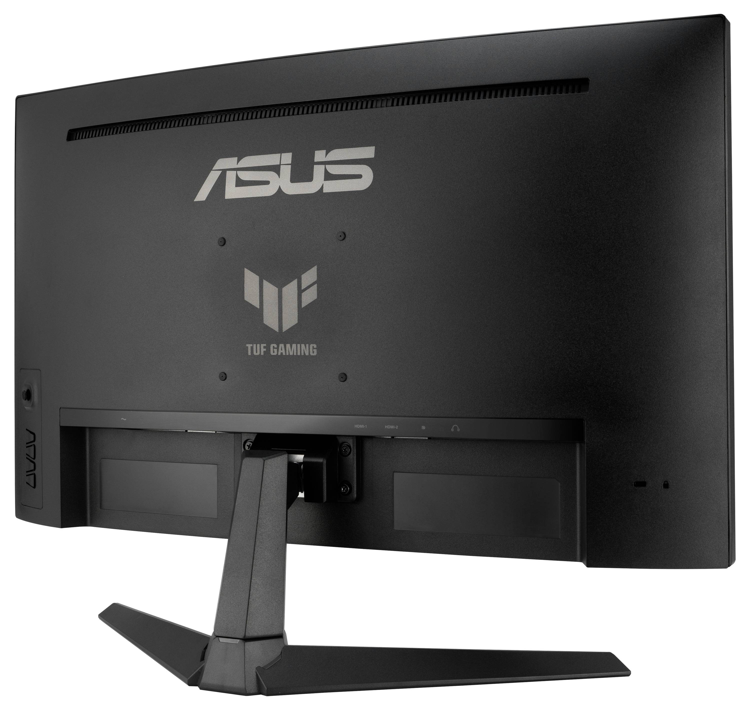 Rückseite eines Gaming-Monitors der Marke ASUS mit TUF Gaming-Logo. Schwarzes, modernes Design mit schlankem Ständer.