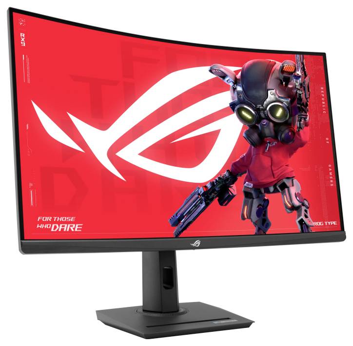 Ein gebogener Gaming-Monitor mit rotem Bildschirm zeigt einen Comic-Roboter in rotem Outfit und das Logo 'ROG' mit dem Slogan 'For Those Who Dare'.