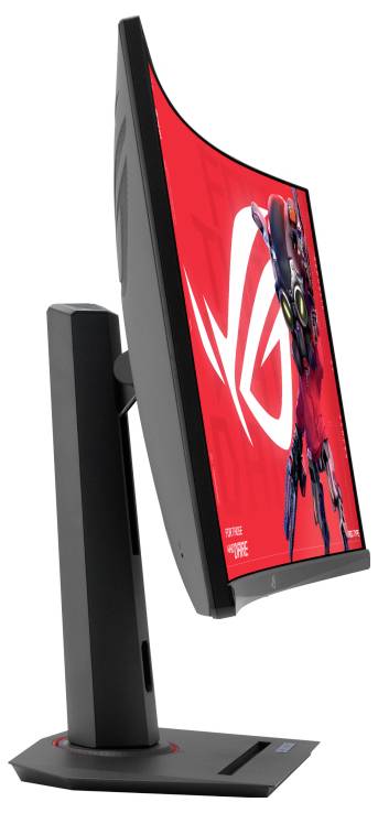 Ein gebogener Gaming-Monitor auf einem Standfuß, seitliche Ansicht. Der Bildschirm zeigt ein dynamisches Bild mit einem Roboter.