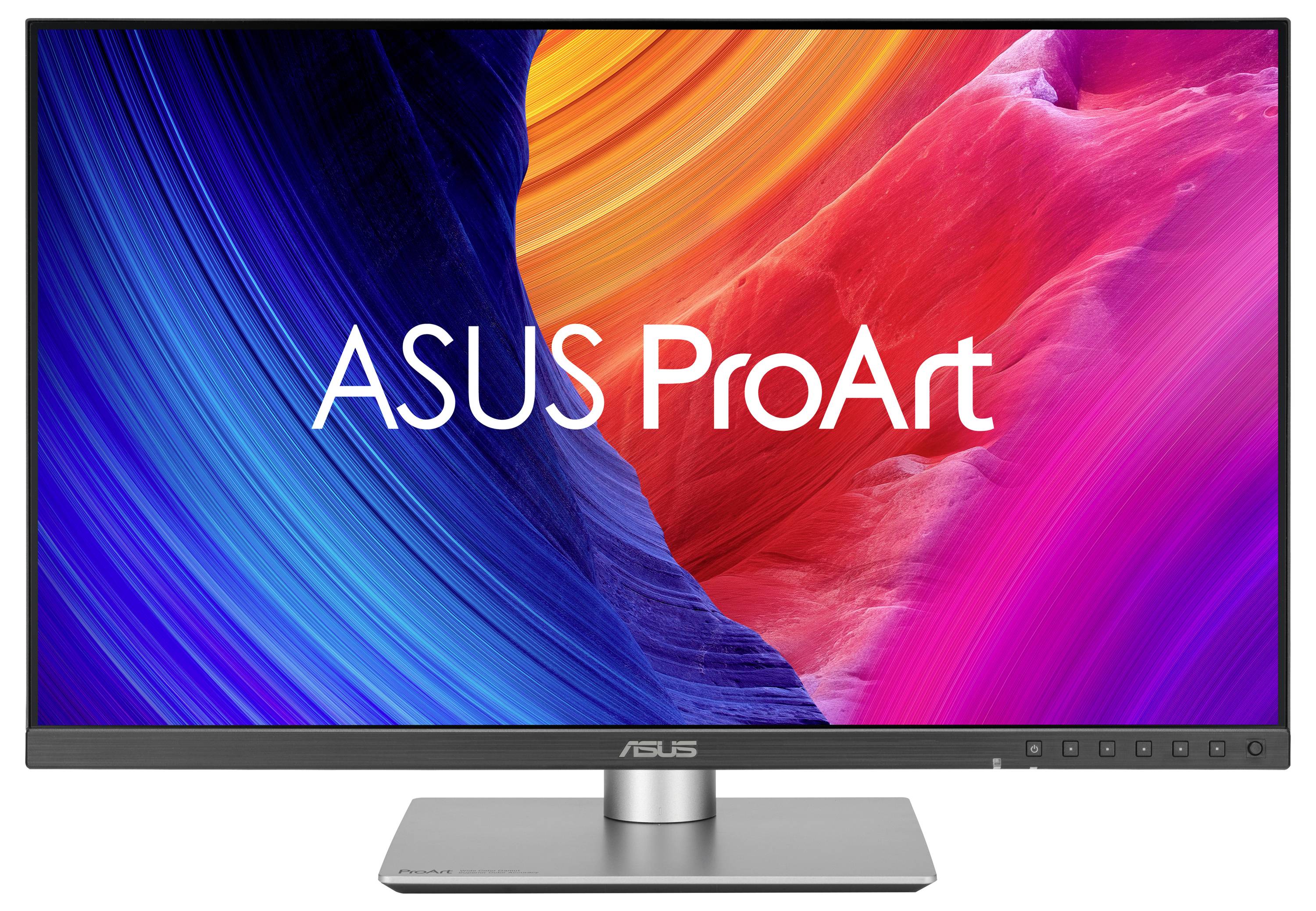 Ein ASUS ProArt Monitor mit leuchtendem Display in Blau, Orange und Pink. Geeignet für kreative Arbeiten mit hoher Farbwiedergabe.