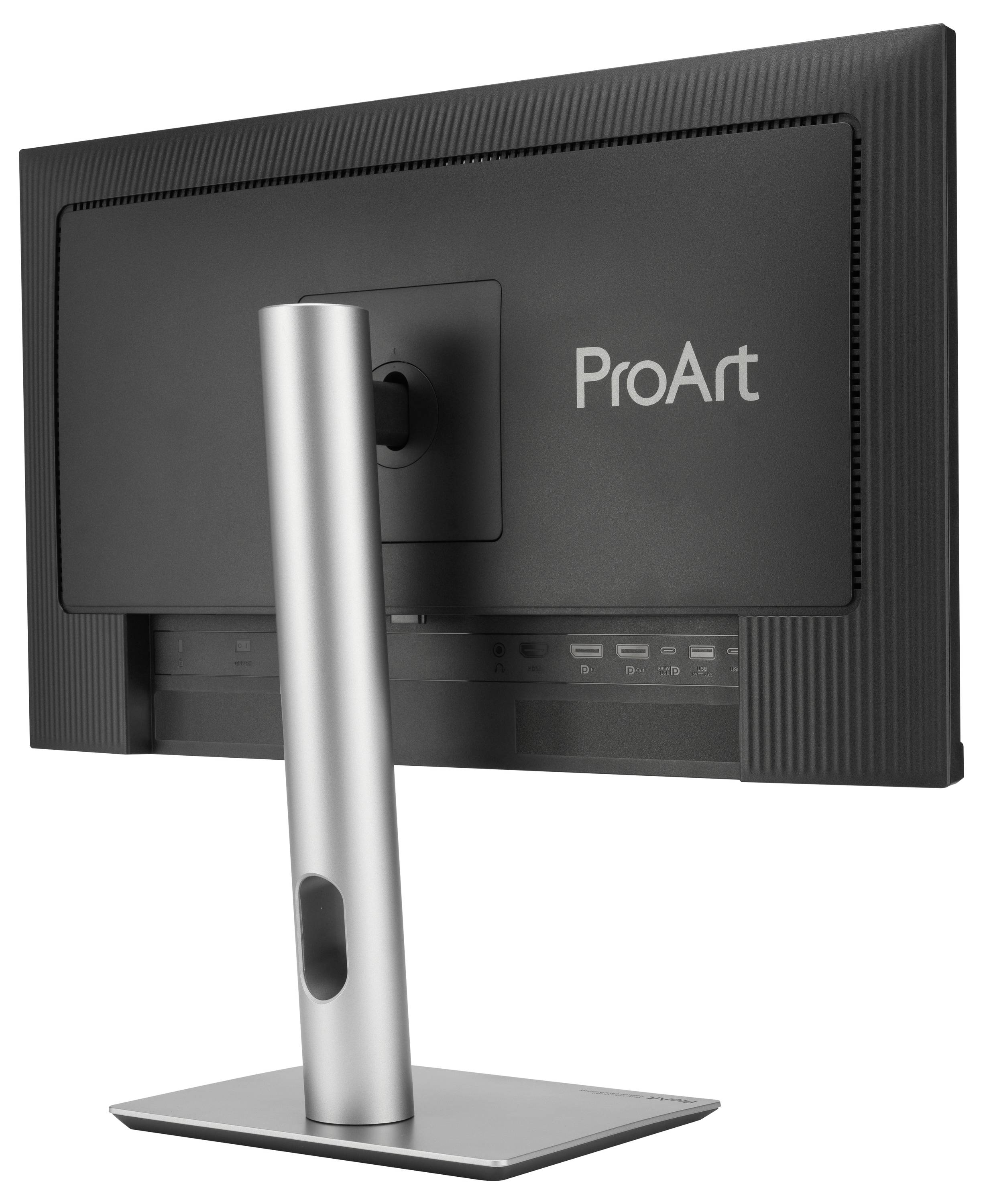 Ein Monitor mit einem silbernen Standfuß, hinten das Logo 'ProArt'. Der Monitoranschlussbereich ist sichtbar.