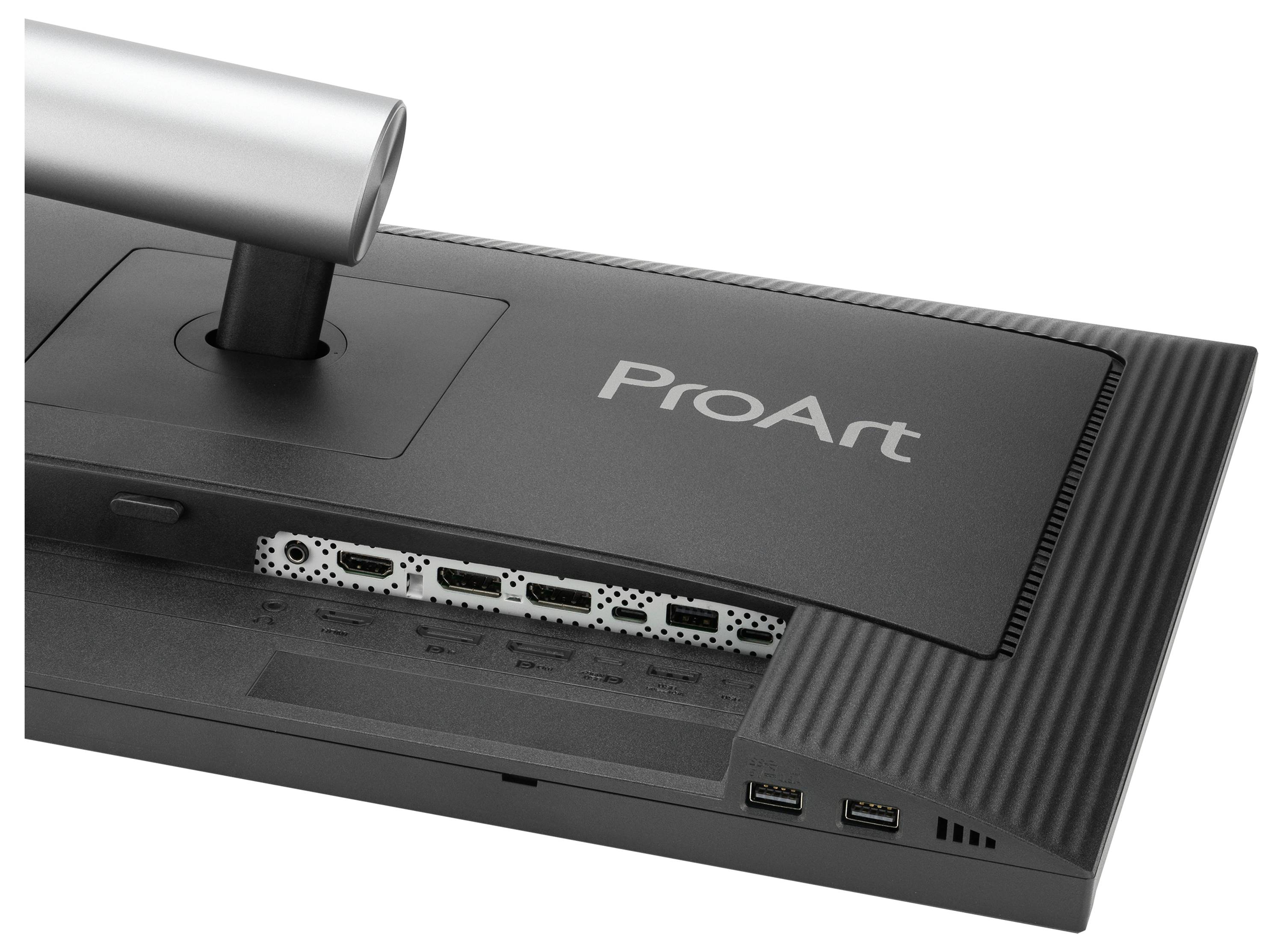 Rückseite eines ProArt-Monitors mit verschiedenen Anschlüssen wie USB und HDMI, in einem professionellen Design.