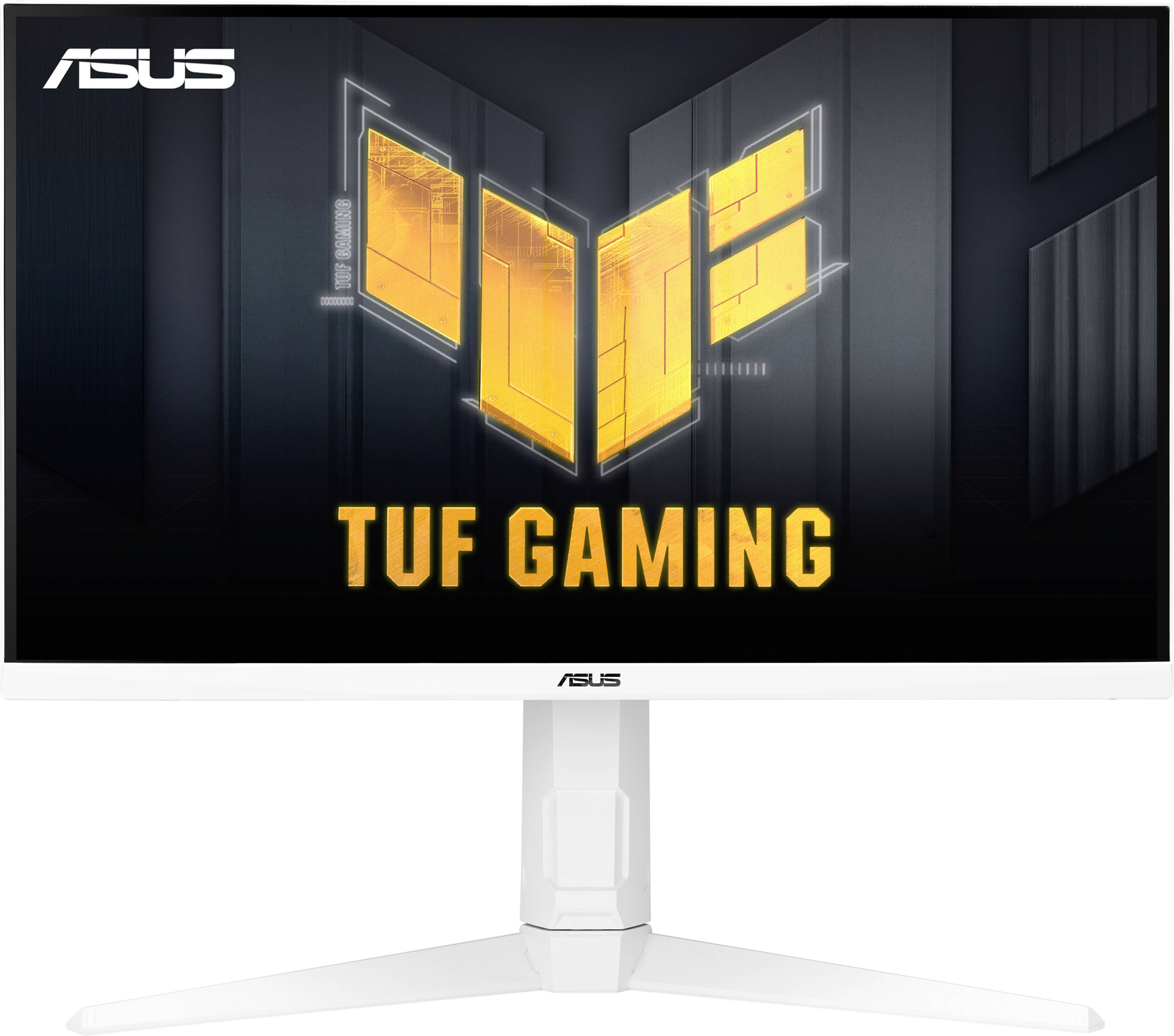 Ein Monitor der Marke ASUS, Modell TUF Gaming, mit leuchtendem orangem Logo auf schwarzem Hintergrund. Hochwertiges Gaming-Display.
