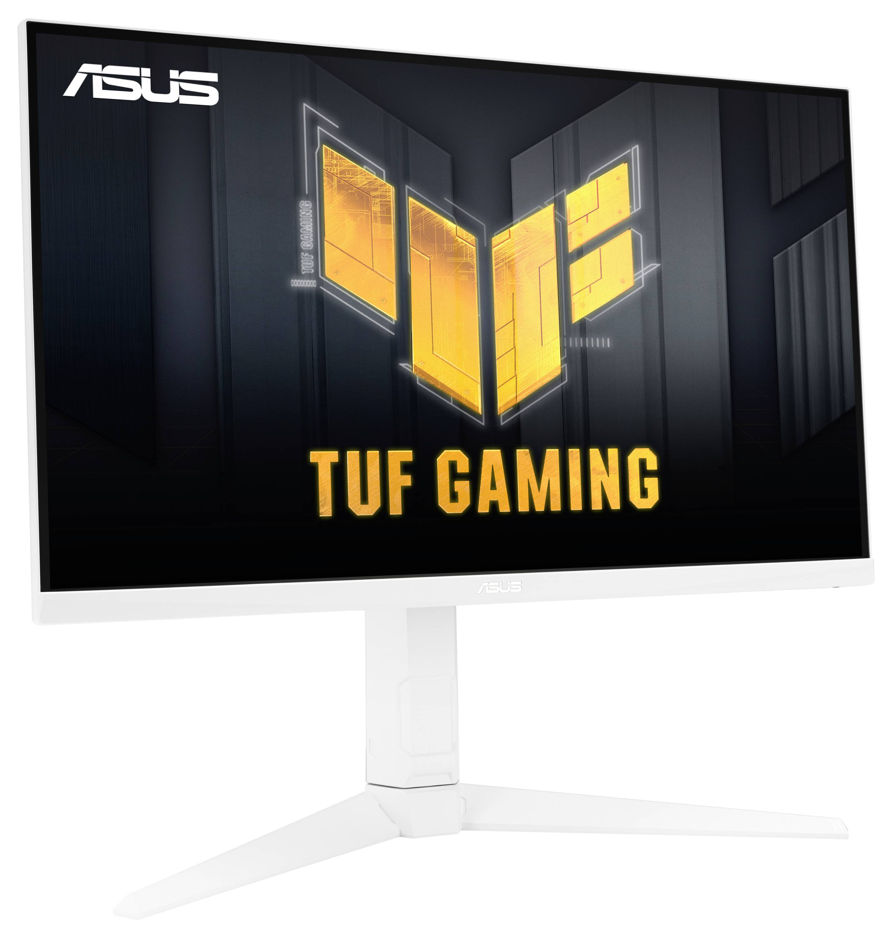 Ein ASUS TUF Gaming-Monitor mit weißem Ständer zeigt ein gelbes TUF Gaming-Logo auf schwarzem Hintergrund.