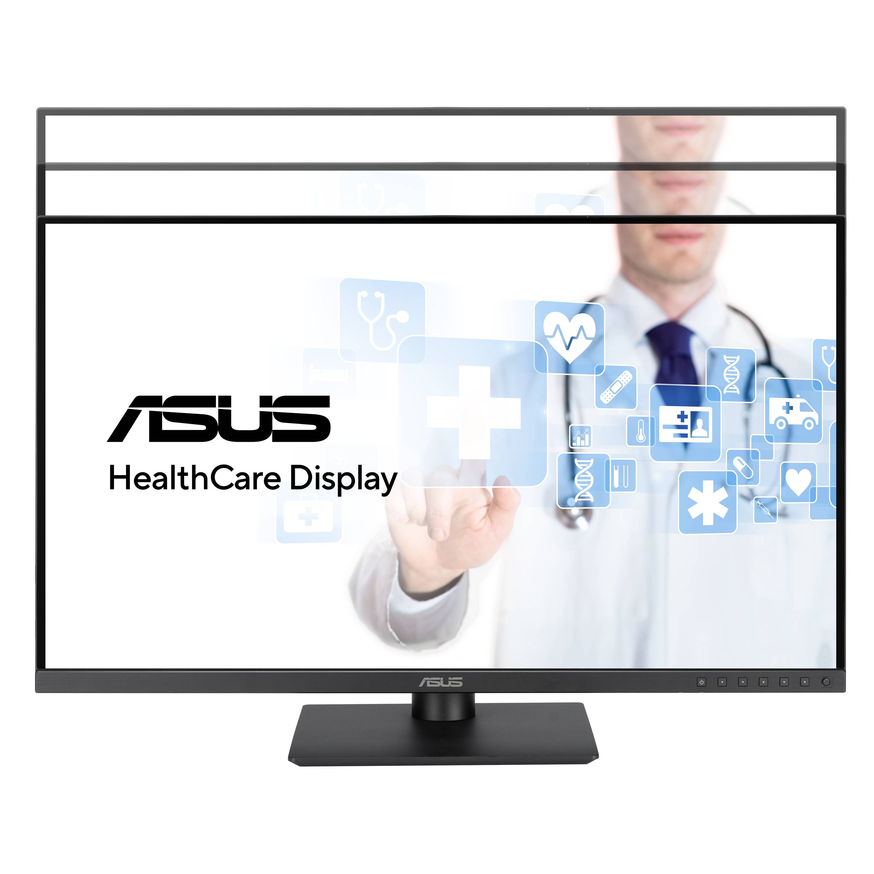 'ASUS HealthCare Display' zeigt einen Arzt, der auf medizinische Symbole auf einem Bildschirm tippt. Themen: Gesundheit, Technologie, Interaktion.
