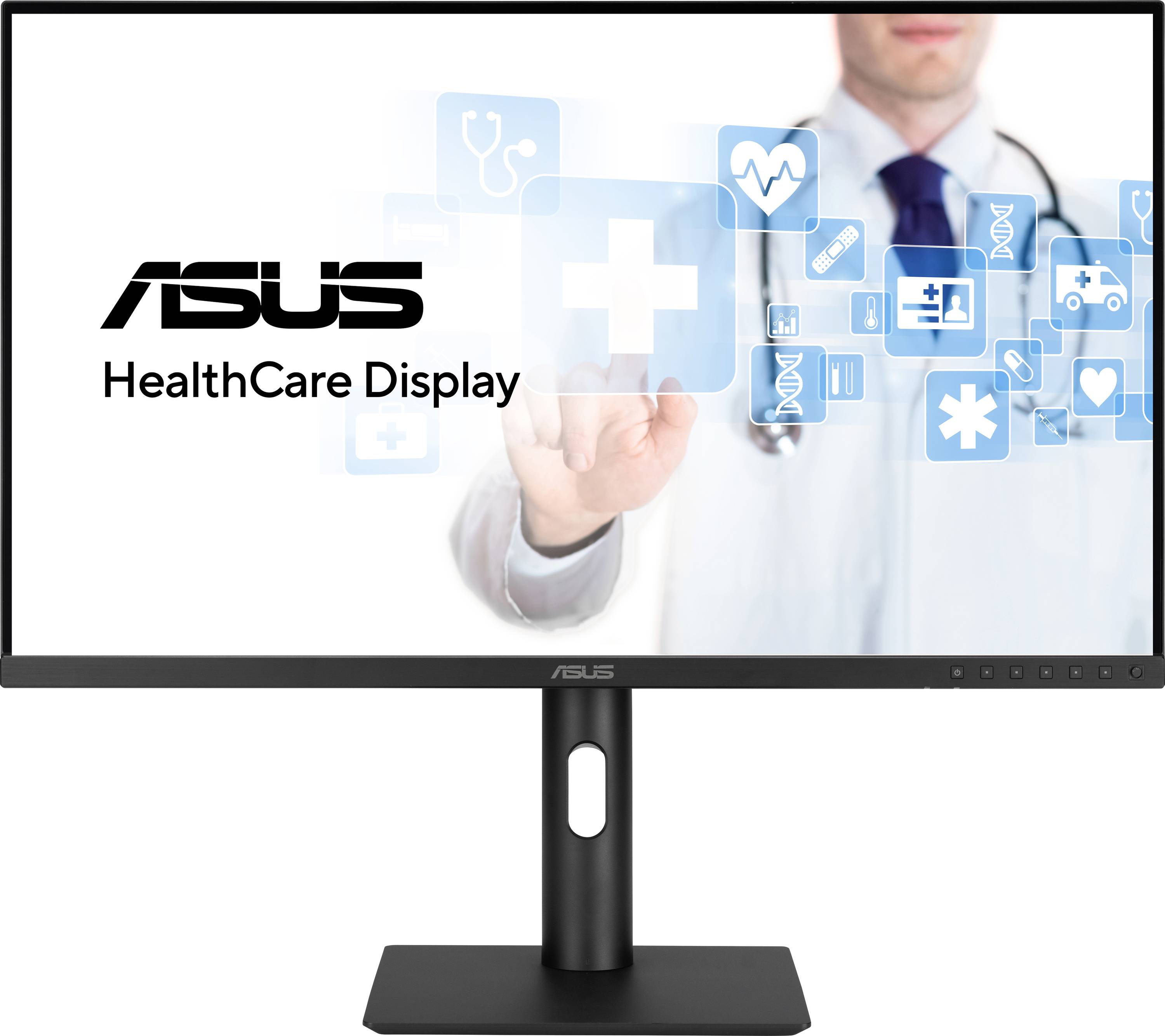 Ein Arzt zeigt auf virtuelle Symbole wie medizinische Informationen und Kreuz. Links steht 'ASUS HealthCare Display'.