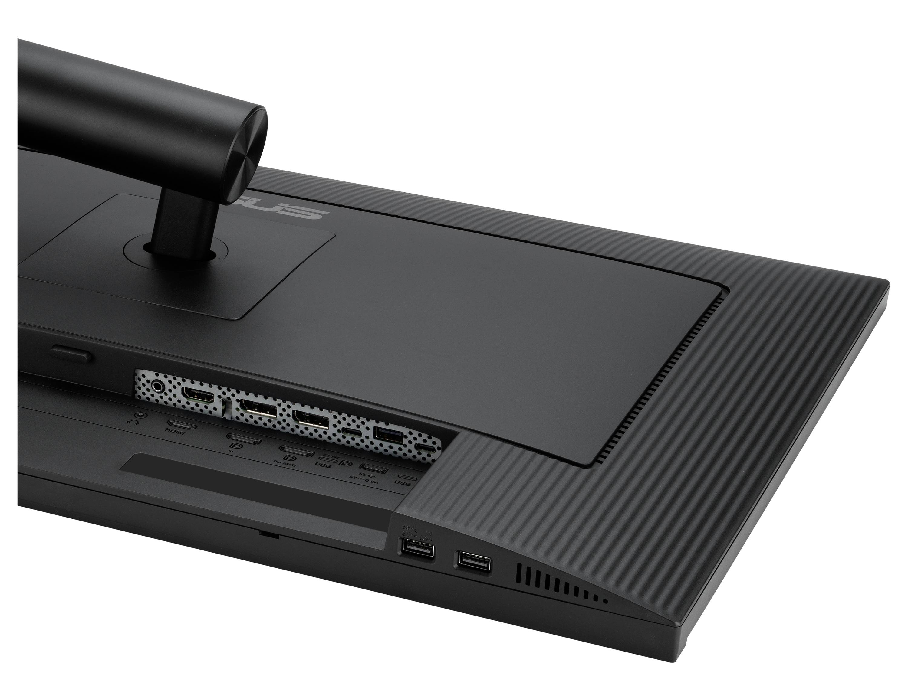 Rückseite eines Monitors mit mehreren Schnittstellen, darunter USB-Ports. Der Standfuß ist in einer zylindrischen Form gestaltet.