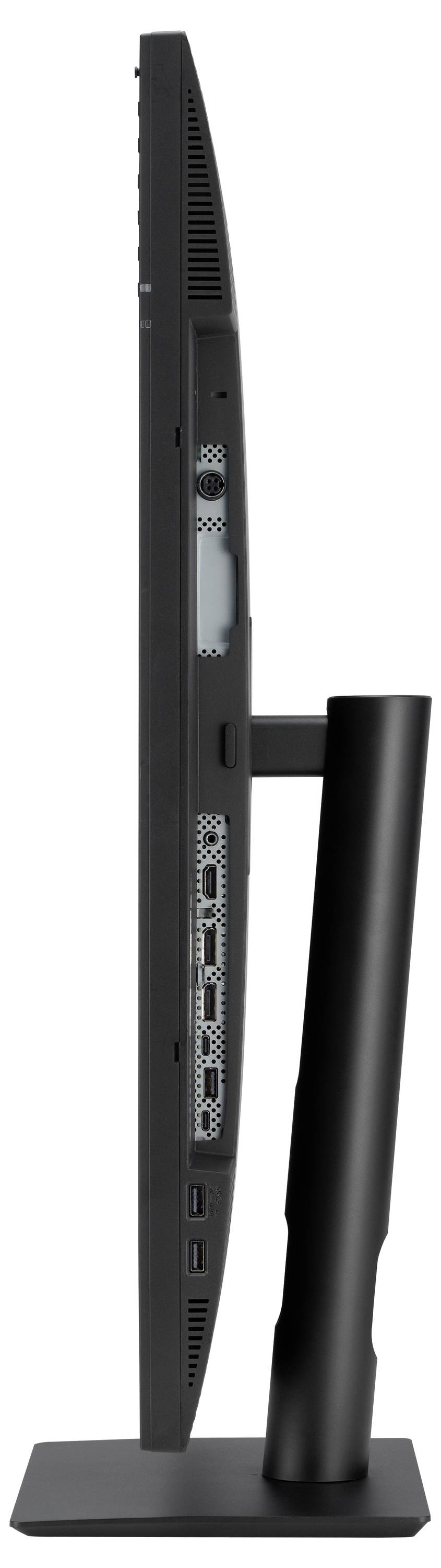 Seitenansicht eines schlanken schwarzen Computerbildschirms auf einem Standfuß, zeigt die schmale Bauweise und Anschlüsse an der Seite.