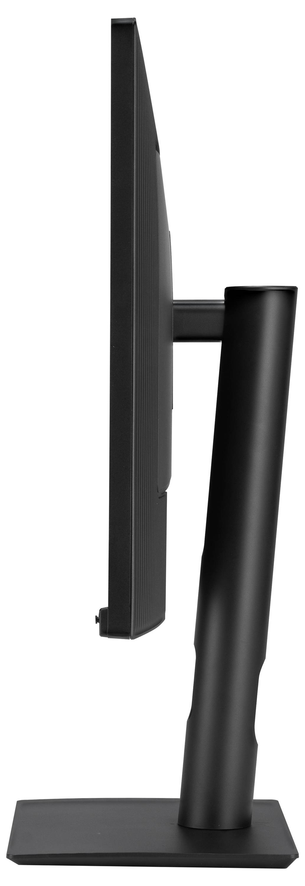 Seitenansicht eines Computerbildschirms mit schlankem, modernem Design, auf einem höhenverstellbaren Standfuß montiert.