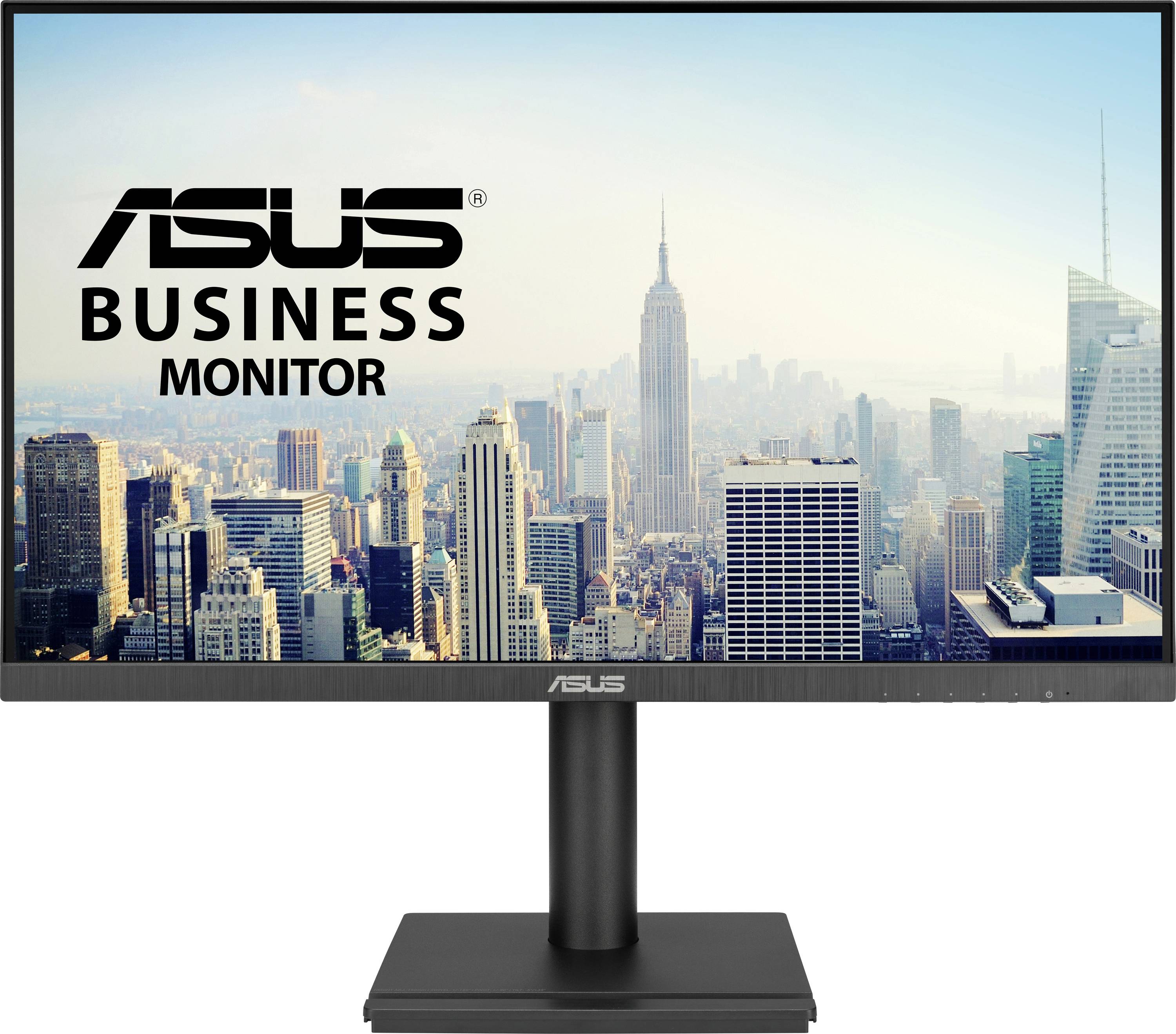 Ein ASUS Business Monitor zeigt eine Stadtansicht mit Wolkenkratzern, darunter das Empire State Building, vor blauem Himmel.