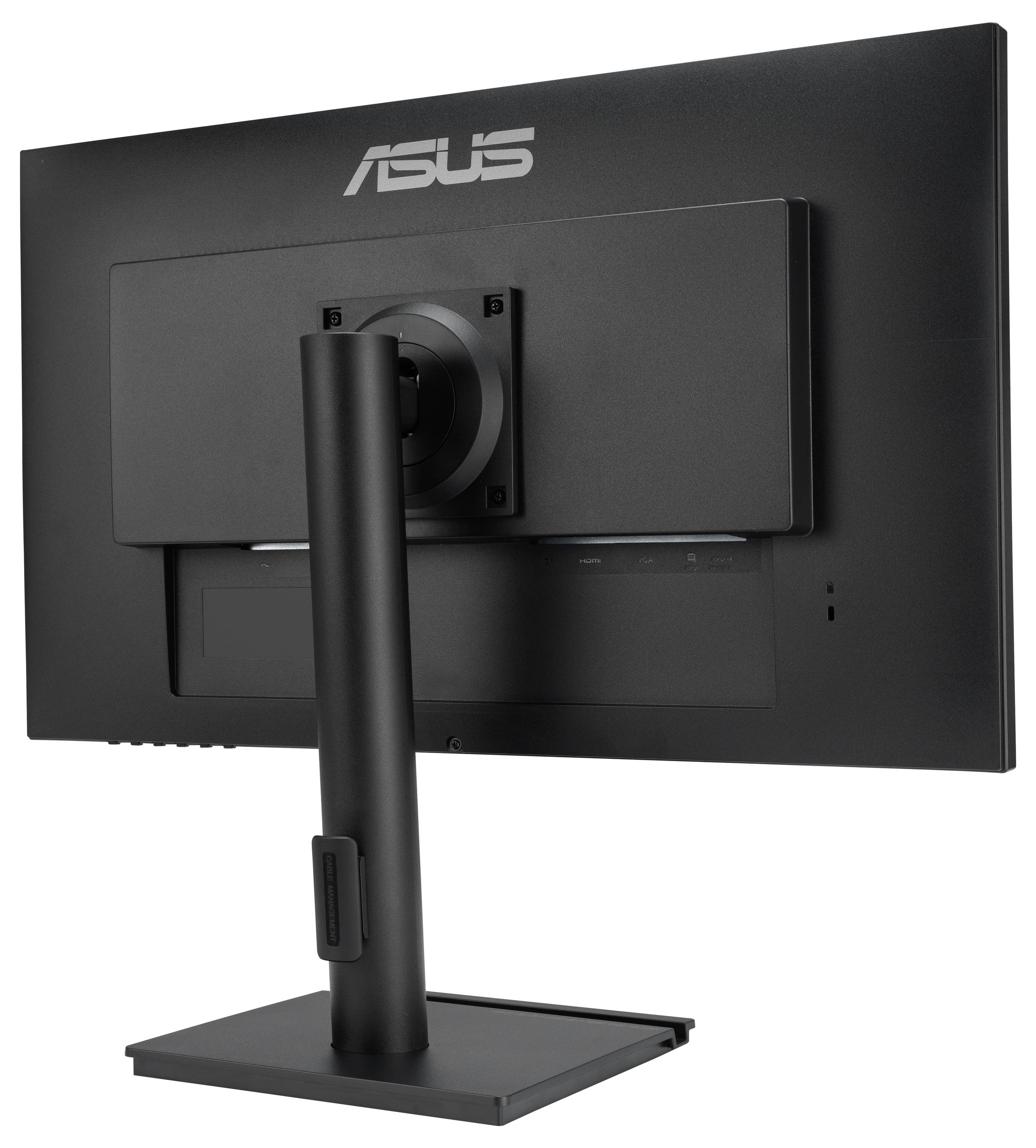 Ein schwarzer Asus-Monitor von hinten, montiert auf einem höhenverstellbaren Standfuß.