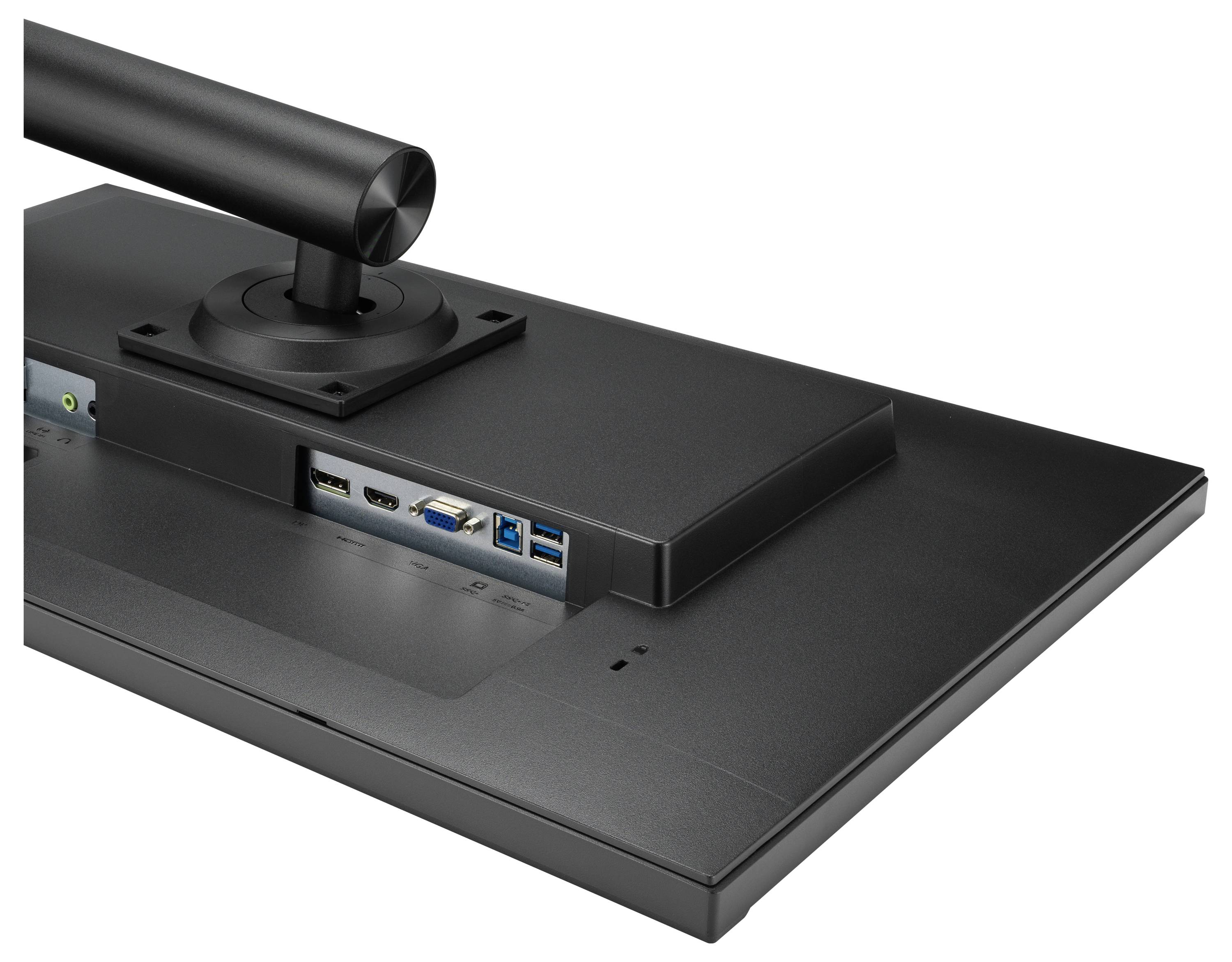 Rückseite eines Monitors mit verschiedenen Anschlüssen: HDMI, USB und Audio. Monitorständer ist ebenfalls sichtbar.