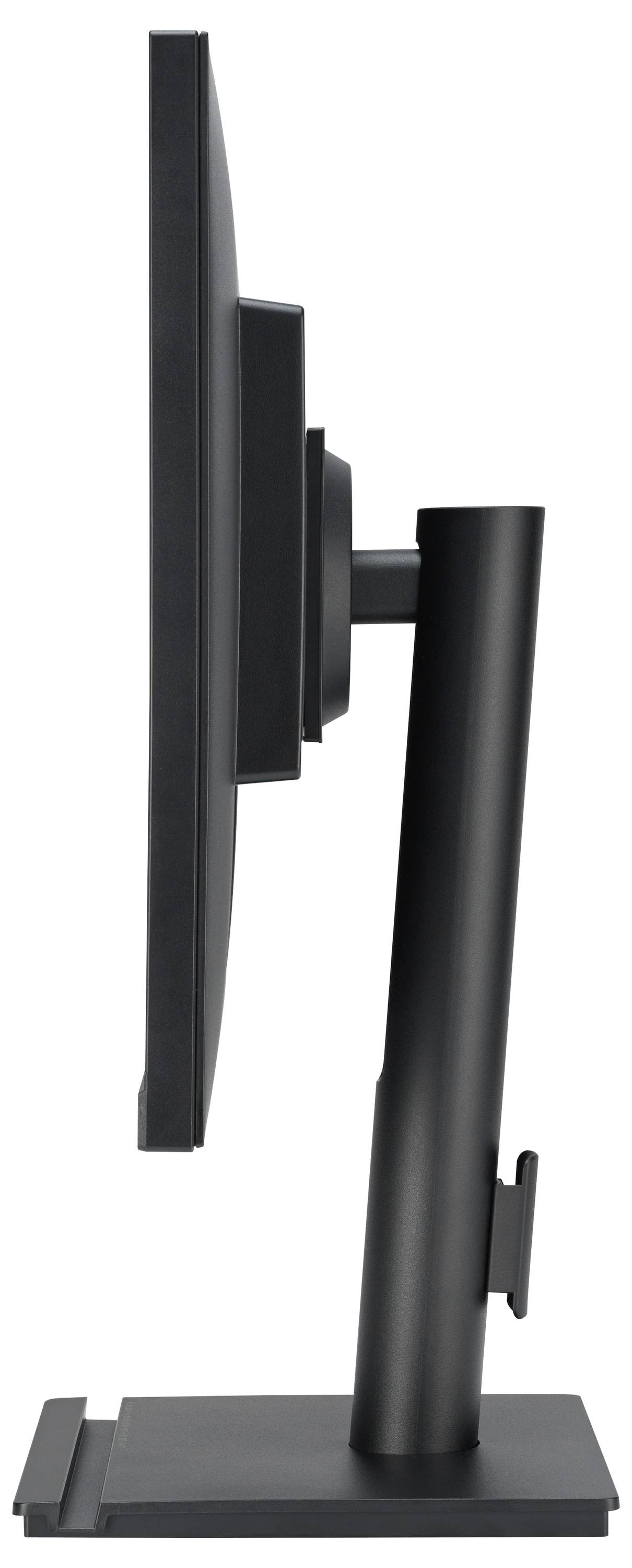 Seitenansicht eines schwarzen Computerbildschirms auf einem Standfuß. Der Bildschirm ist schlank und vertikal ausgerichtet.