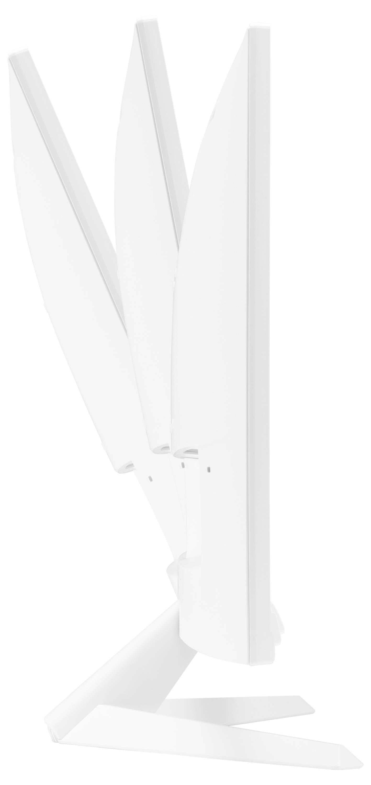 Ein weißer Computermonitor wird von der Seite gezeigt. Der Monitor ist in verschiedenen Neigungswinkeln abgebildet.