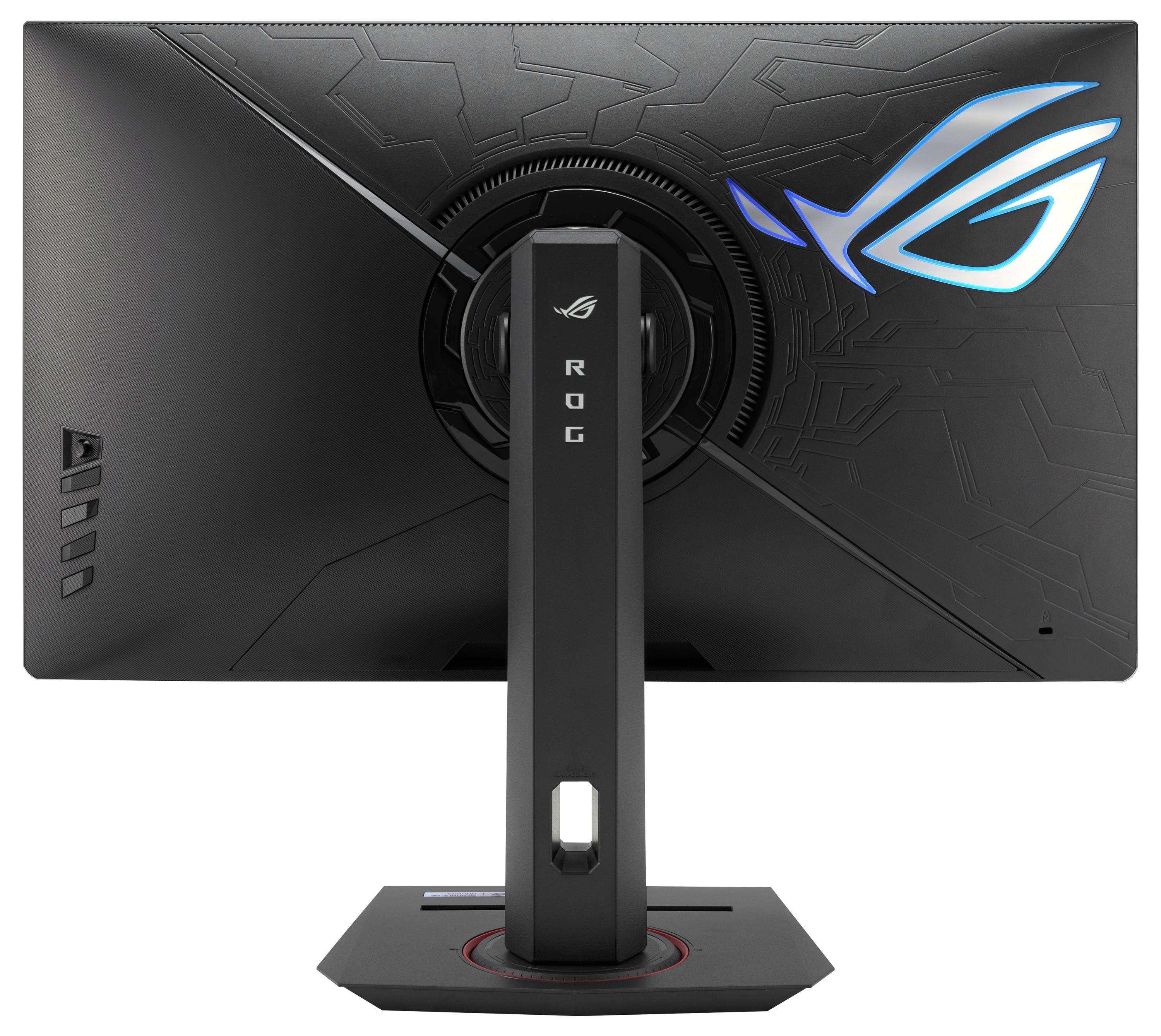Ein Gaming-Monitor von hinten mit leuchtendem Logo. Das Design hat eine schwarz-blaue Farbgebung mit futuristischen Details.