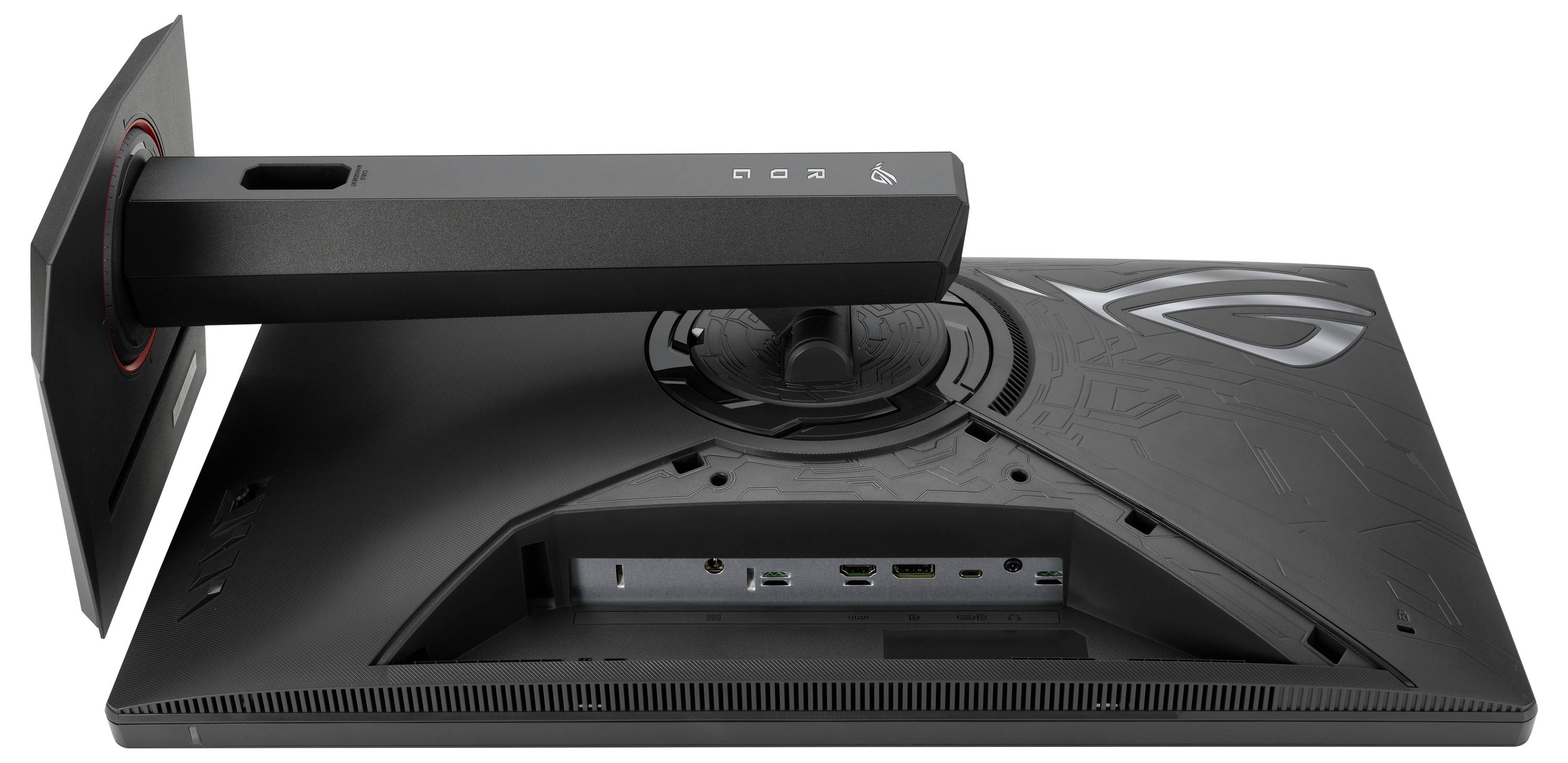 Rückansicht eines Computermonitors mit Anschlüssen für HDMI, DisplayPort und USB. Der Standfuß ist abgewinkelt und zeigt ein Logosymbol.