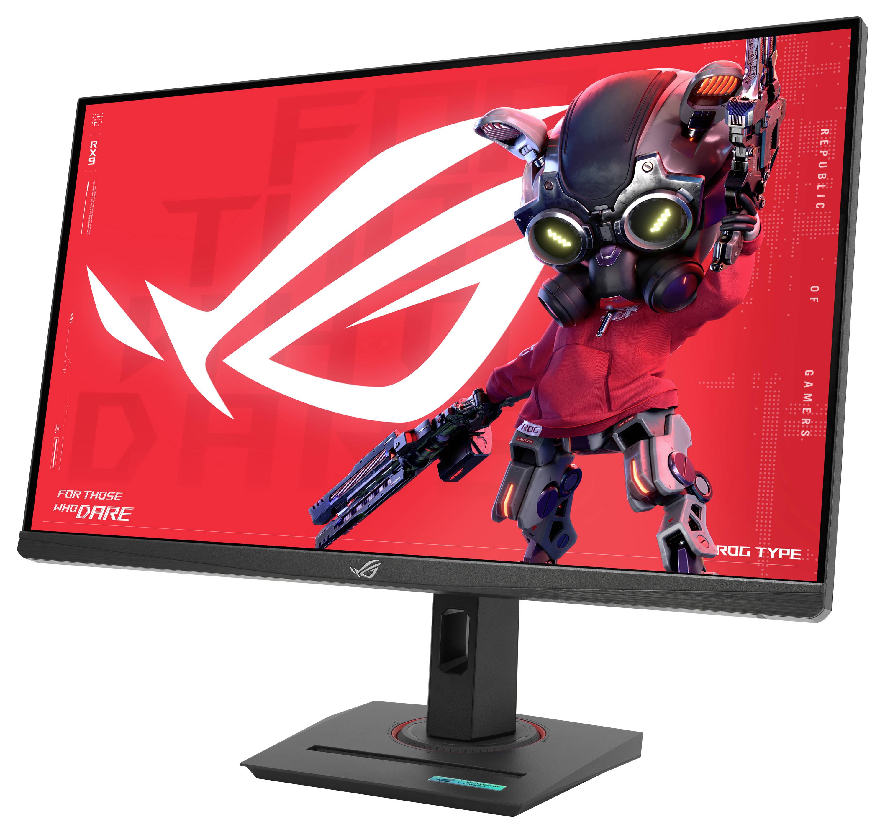 Computermonitor mit einem futuristischen Roboter auf rotem Hintergrund, Werbung für ASUS ROG, zeigt mutiges und innovatives Design.