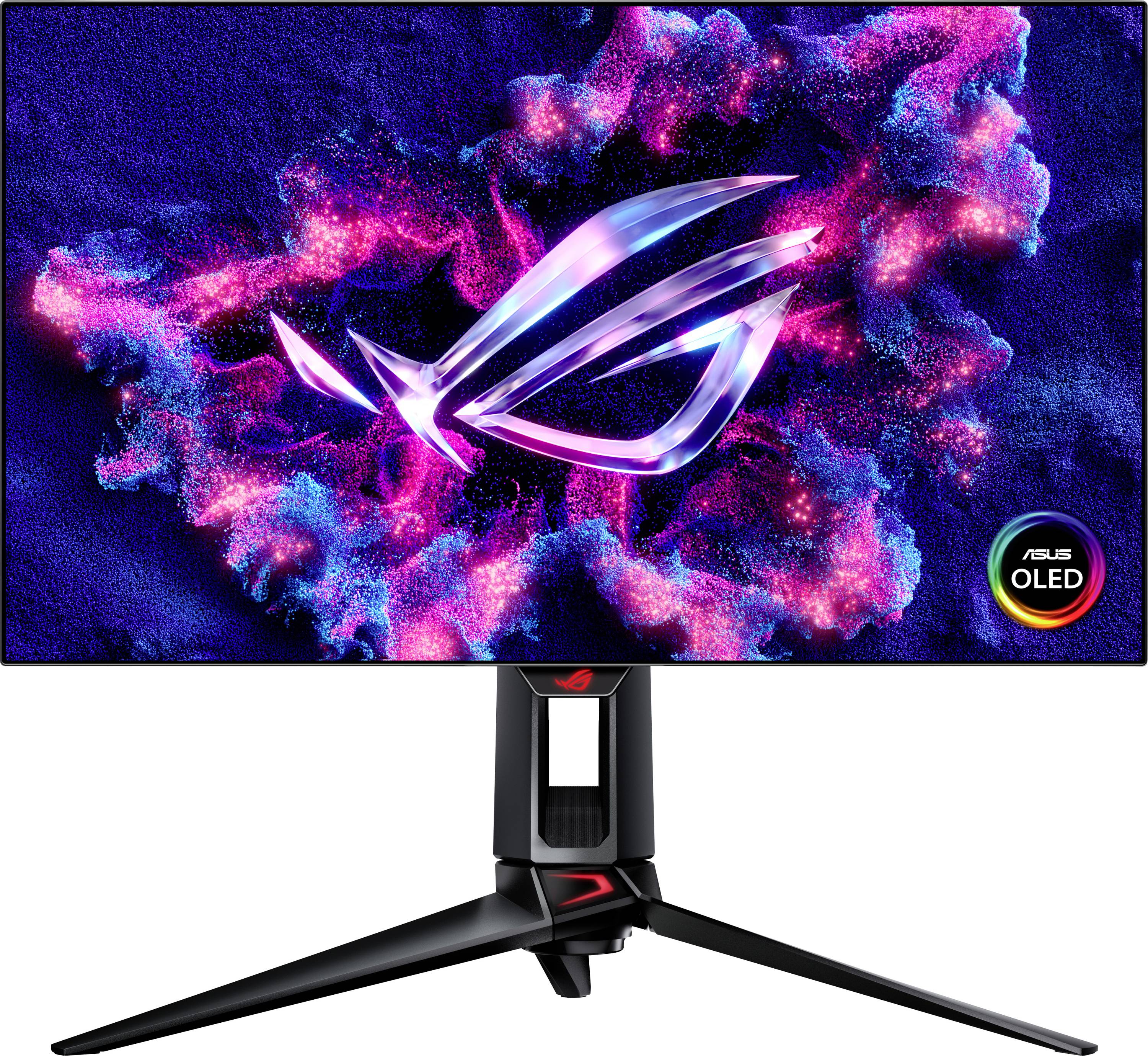 Ein Gaming-Monitor mit leuchtendem ASUS ROG-Logo auf dem Bildschirm vor einem bunten, abstrakten Hintergrund.