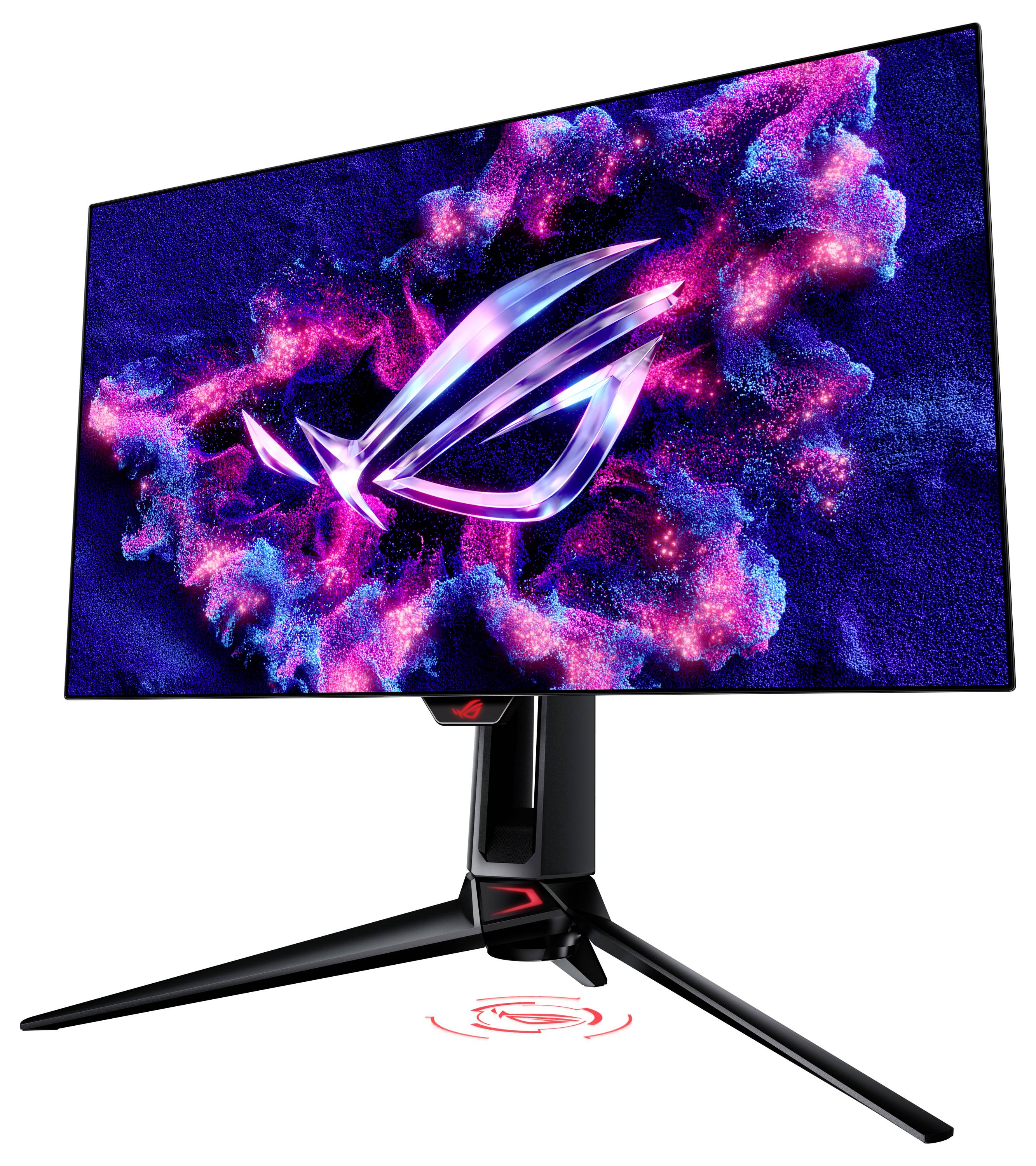 Ein Gaming-Monitor mit lebhaftem, futuristischem Logo auf dem Bildschirm und einem robusten, modernen Standfuß.