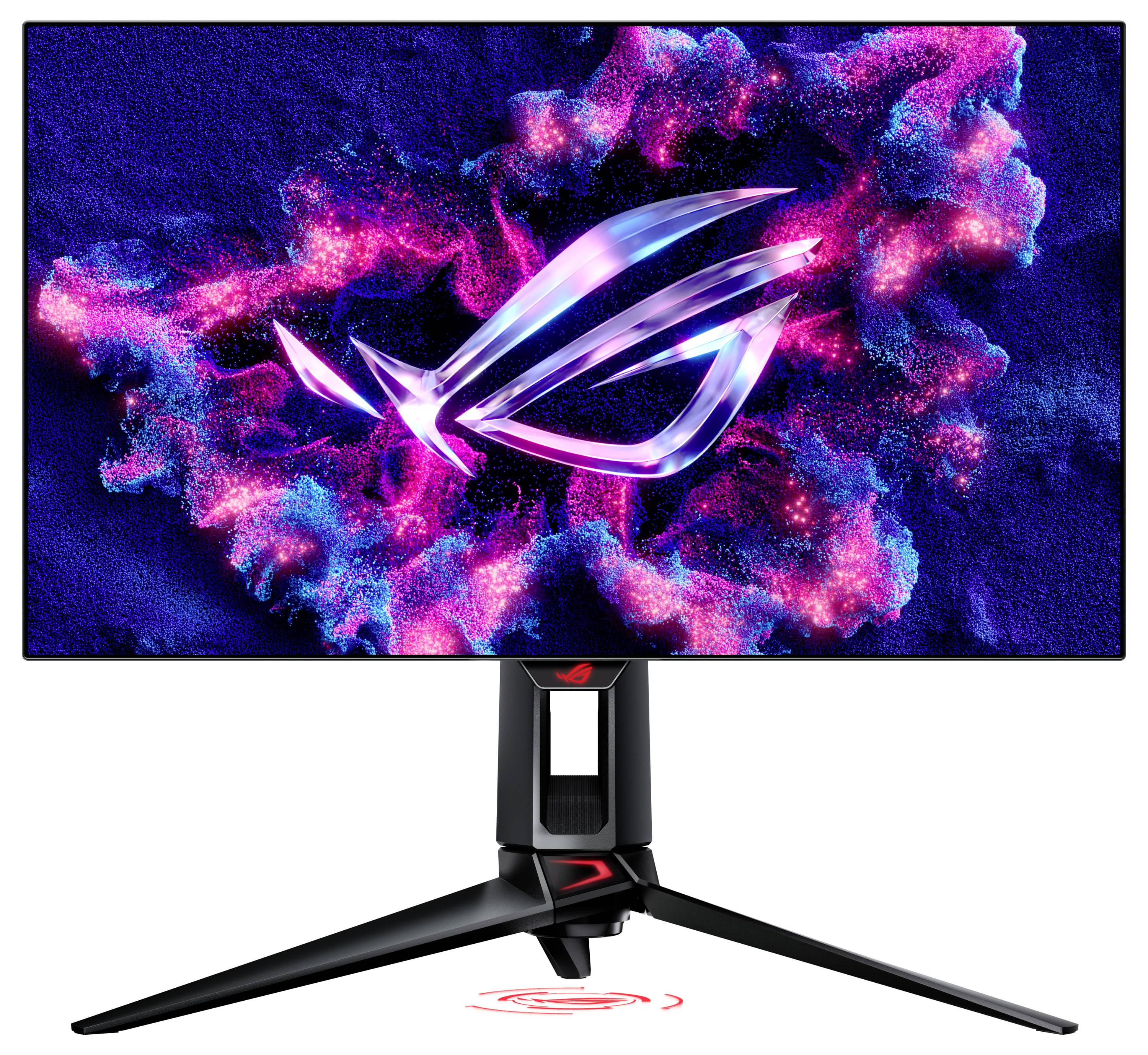 Ein Gaming-Monitor mit dynamischem, leuchtendem ROG-Logo auf dem Bildschirm. Der Hintergrund zeigt bunte, abstrakte Lichteffekte.