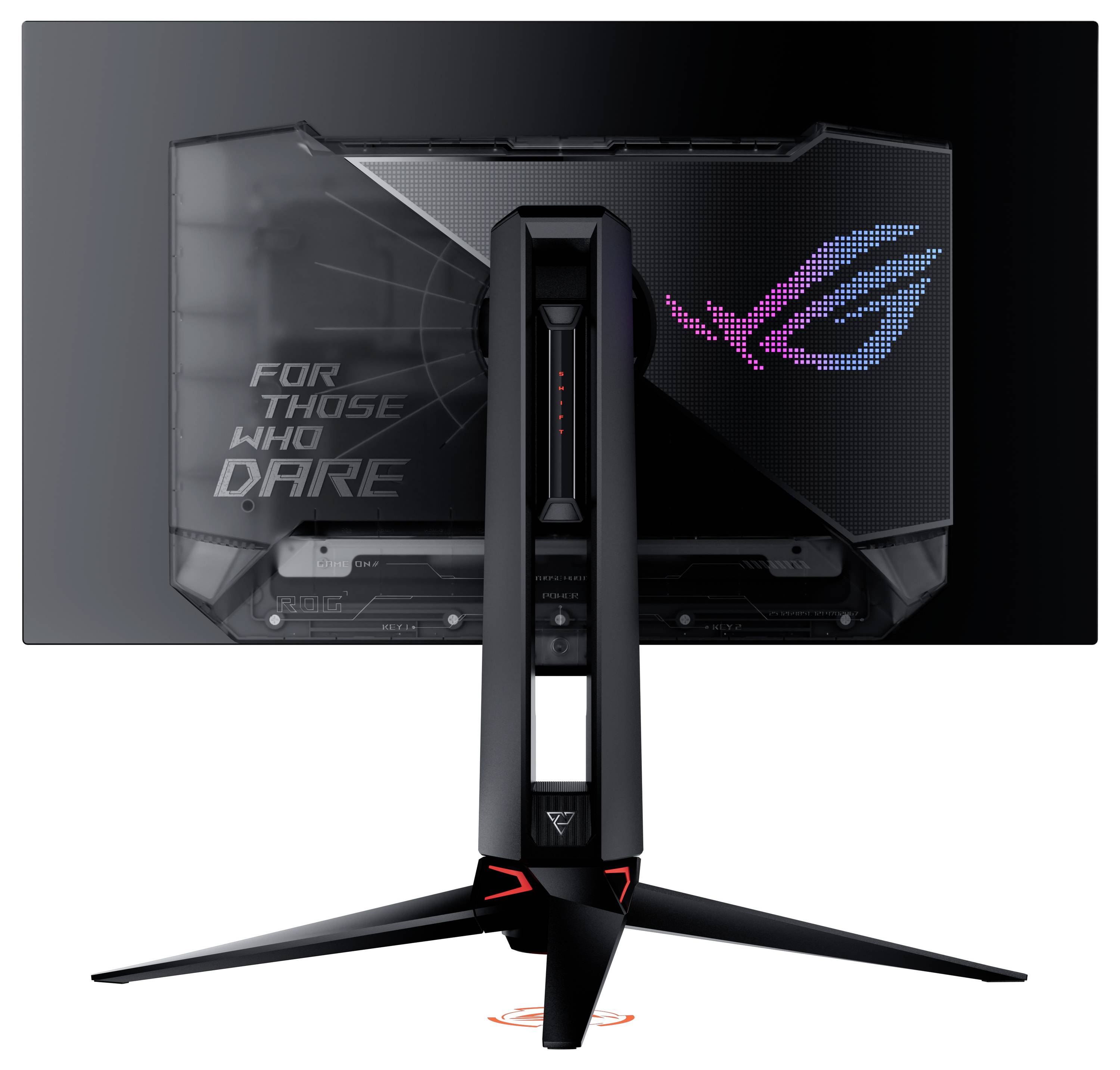 Ein Gaming-Monitor von hinten mit LED-Leuchtlogo und dem Schriftzug 'For Those Who Dare' auf der Rückseite.