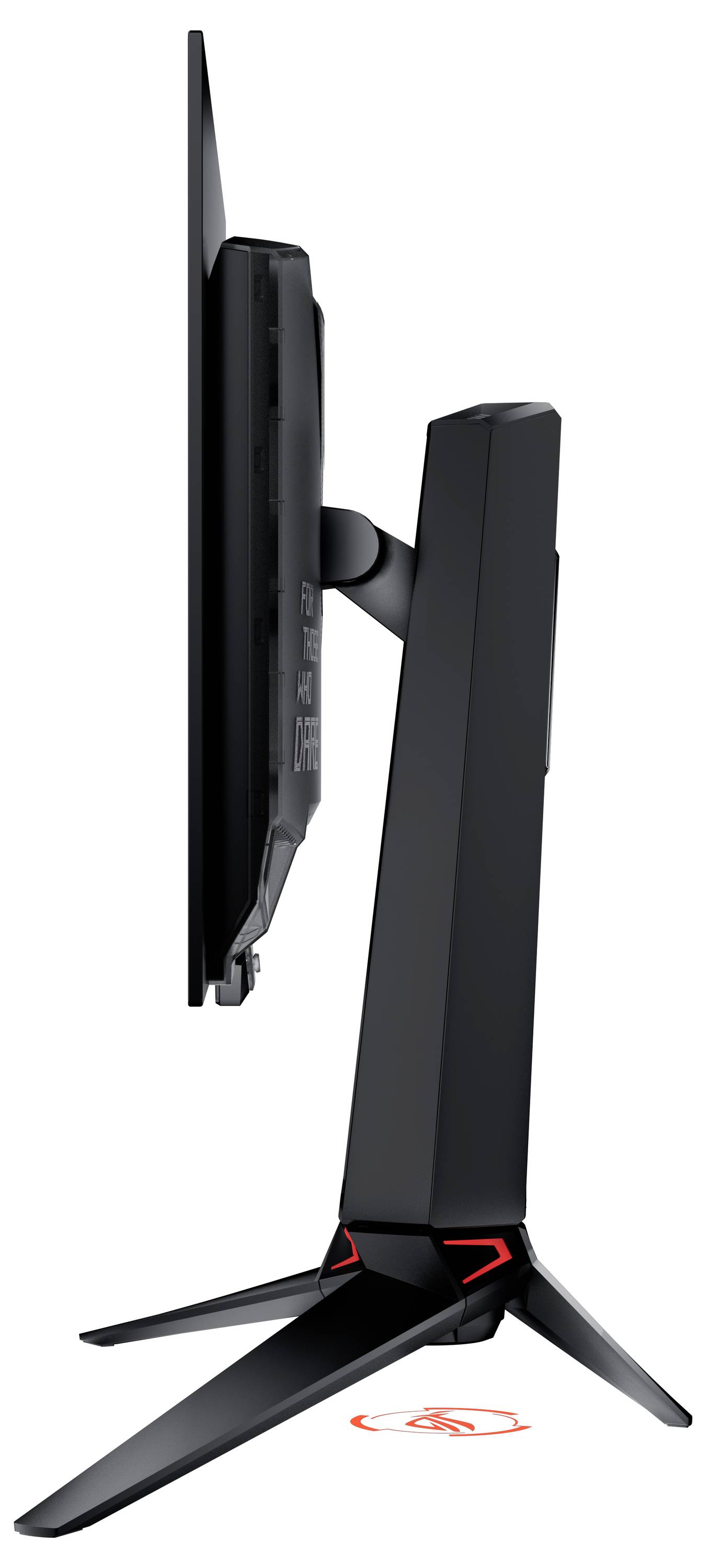 Seitenansicht eines modernen Computermonitors mit schmalem Standfuß, schwarzem Gehäuse und rotem Akzent.
