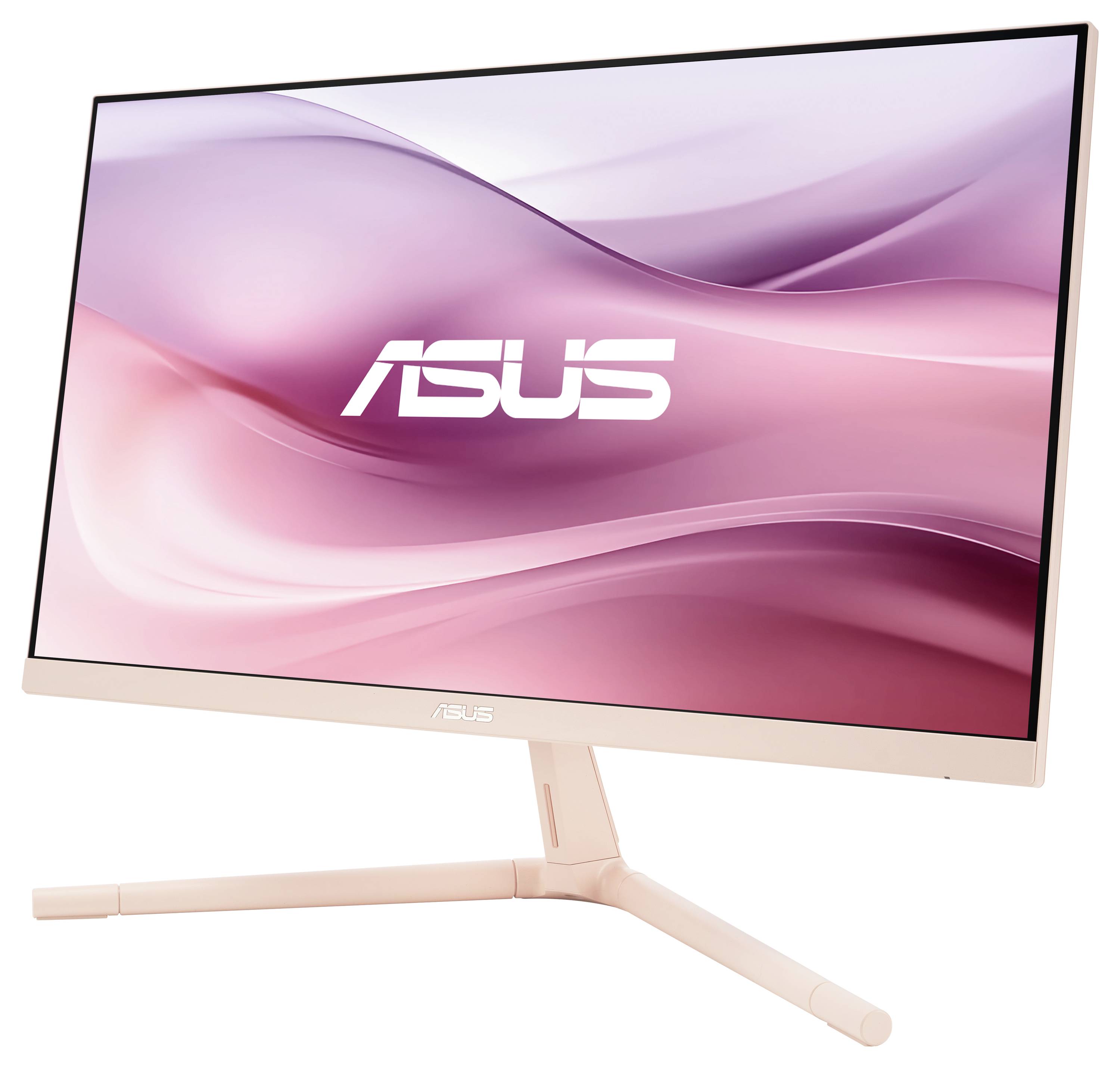 'ASUS'-Monitor mit schlankem, modernem Design; rosa Hintergrund auf Bildschirm angezeigt.
