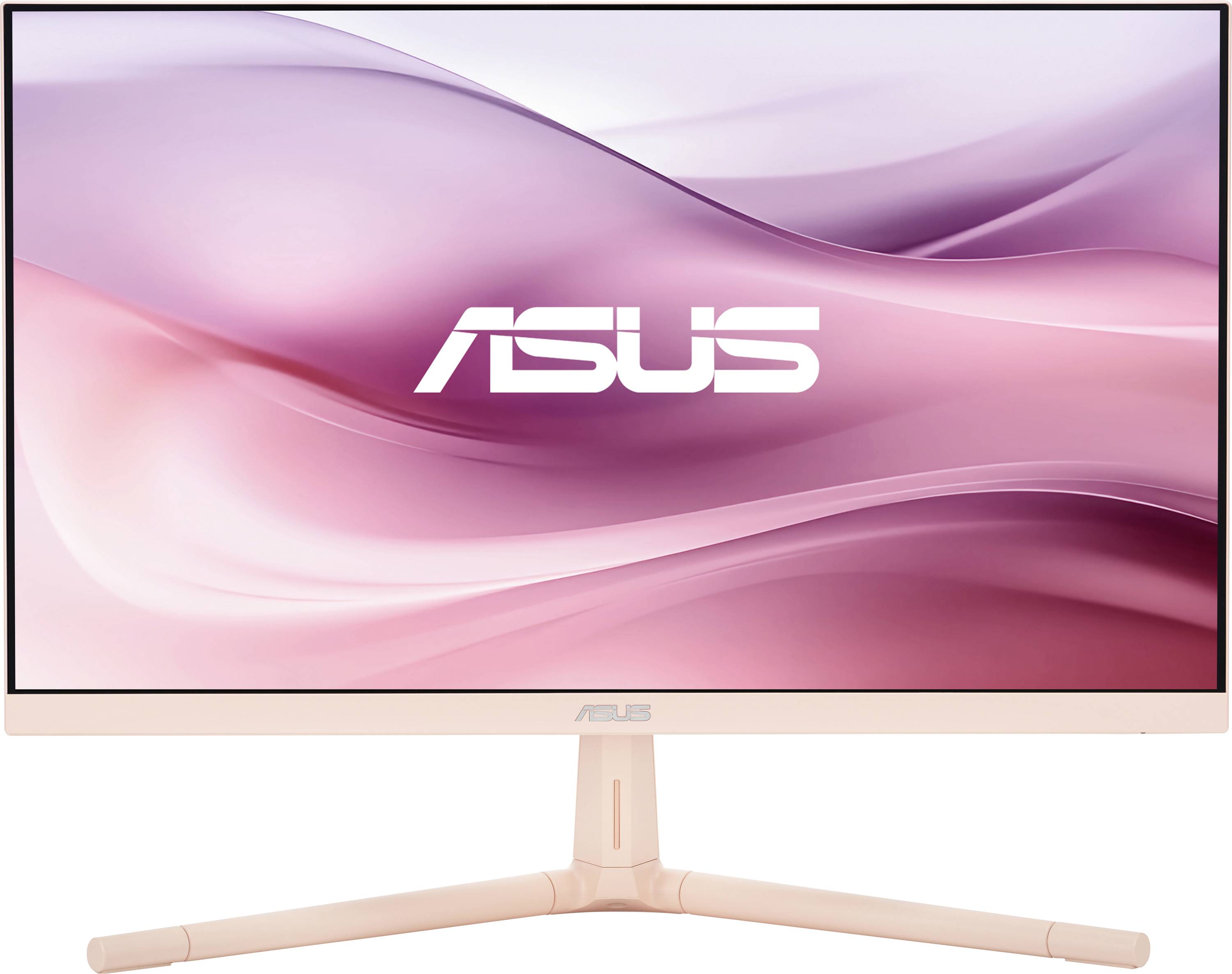 Monitor mit minimalistischem Design, dünnem Rahmen und ASUS-Logo auf einem Standfuß. Hintergrund in rosa und weißen Tönen.